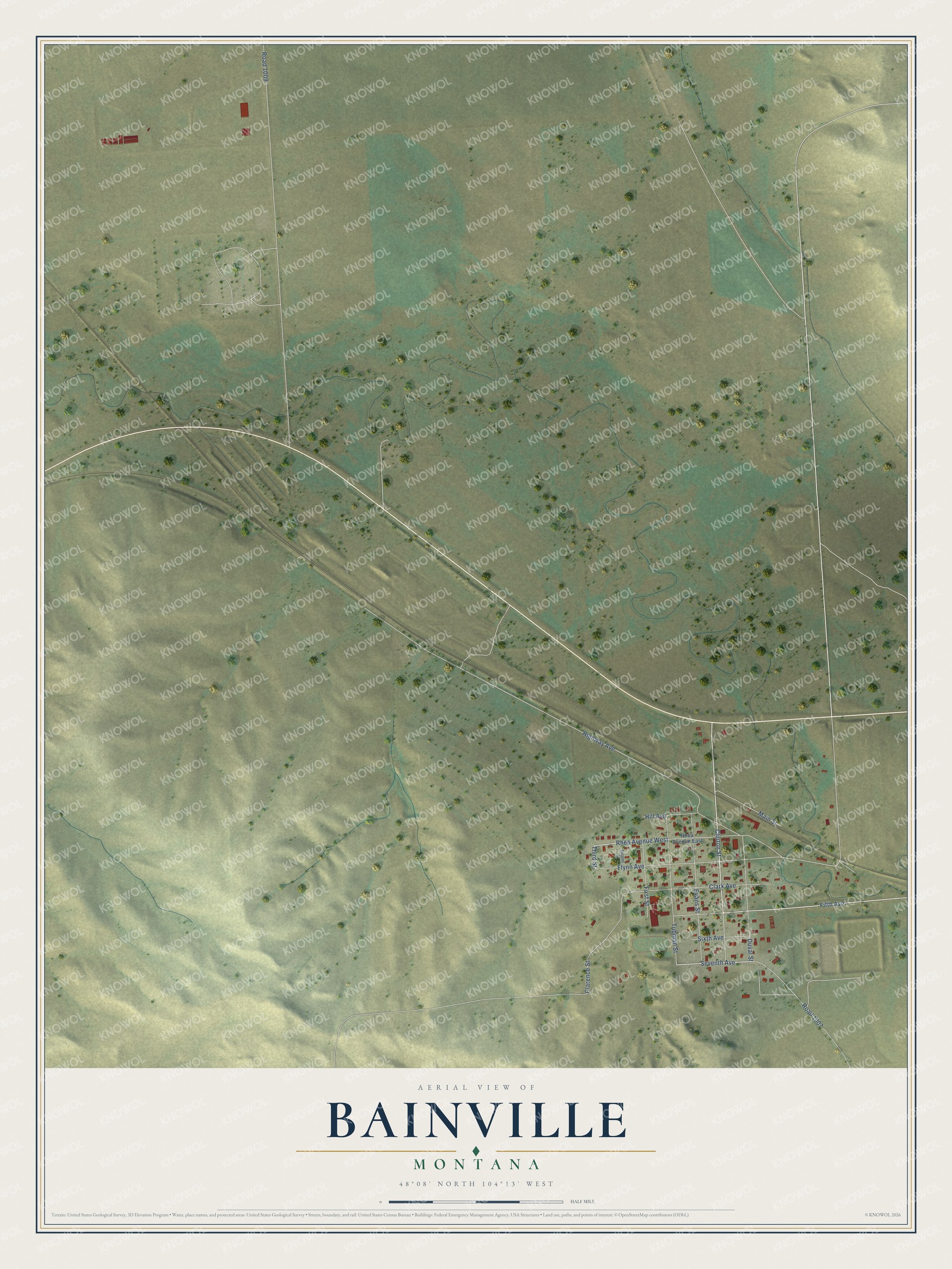 Full map of Bainville, Montana, with red buildings, printed street names and the land around them