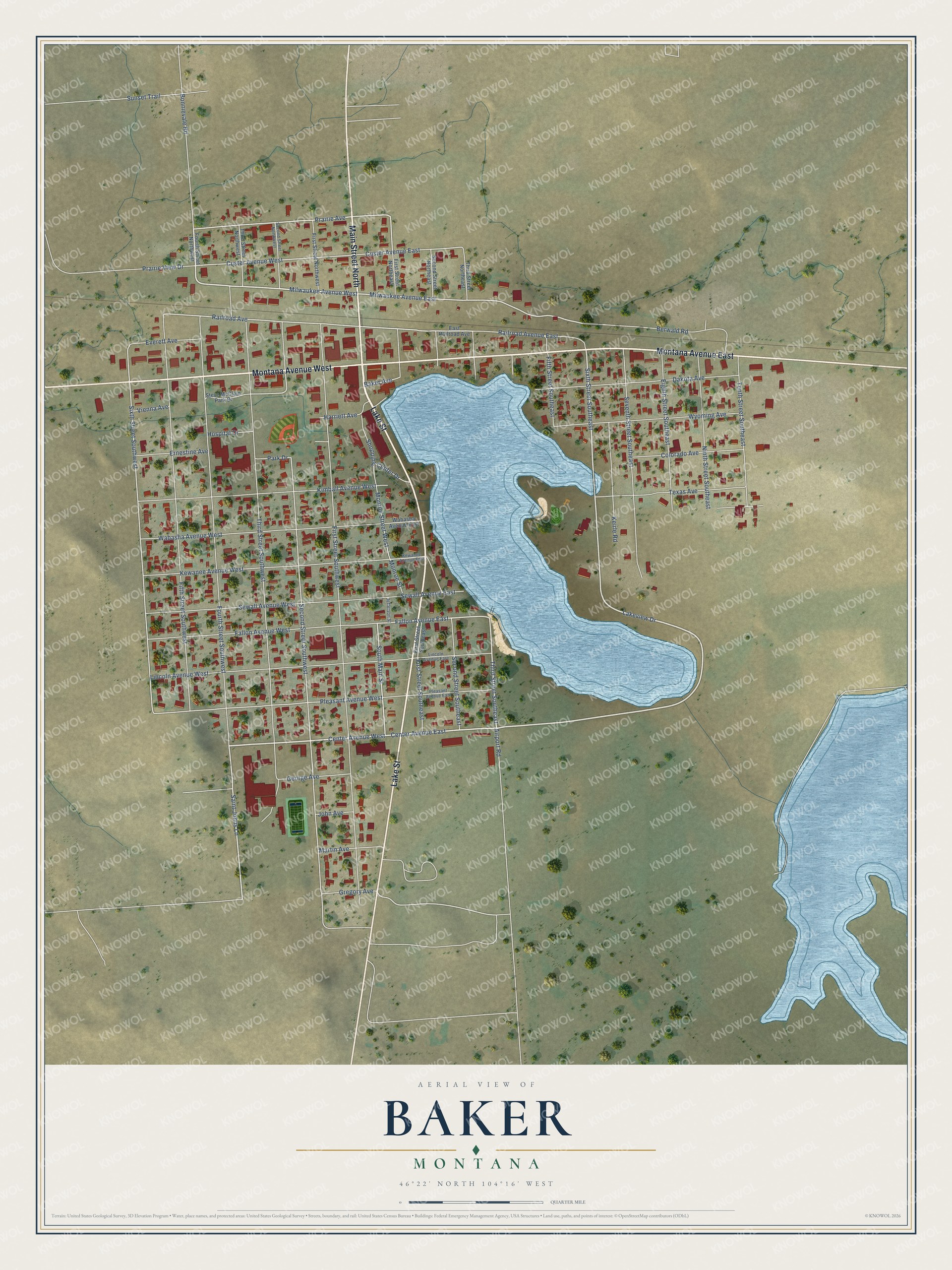 Full map of Baker, Montana, with red buildings, printed street names and the land around them