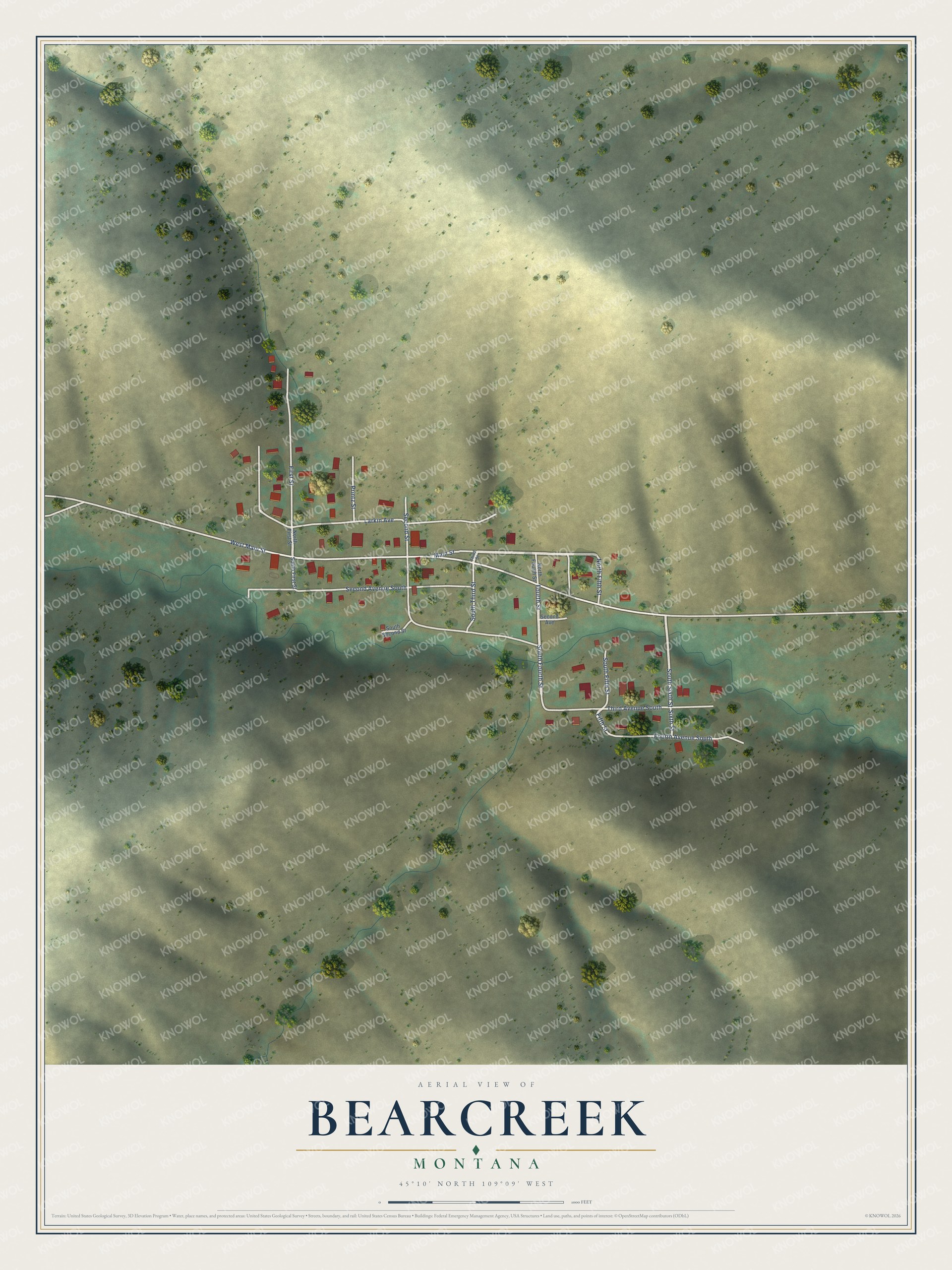 Full map of Bearcreek, Montana, with red buildings, printed street names and the land around them