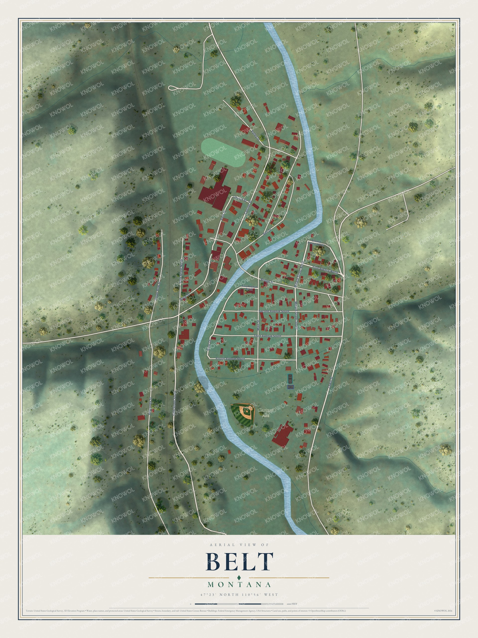 Full map of Belt, Montana, with red buildings, printed street names and the land around them