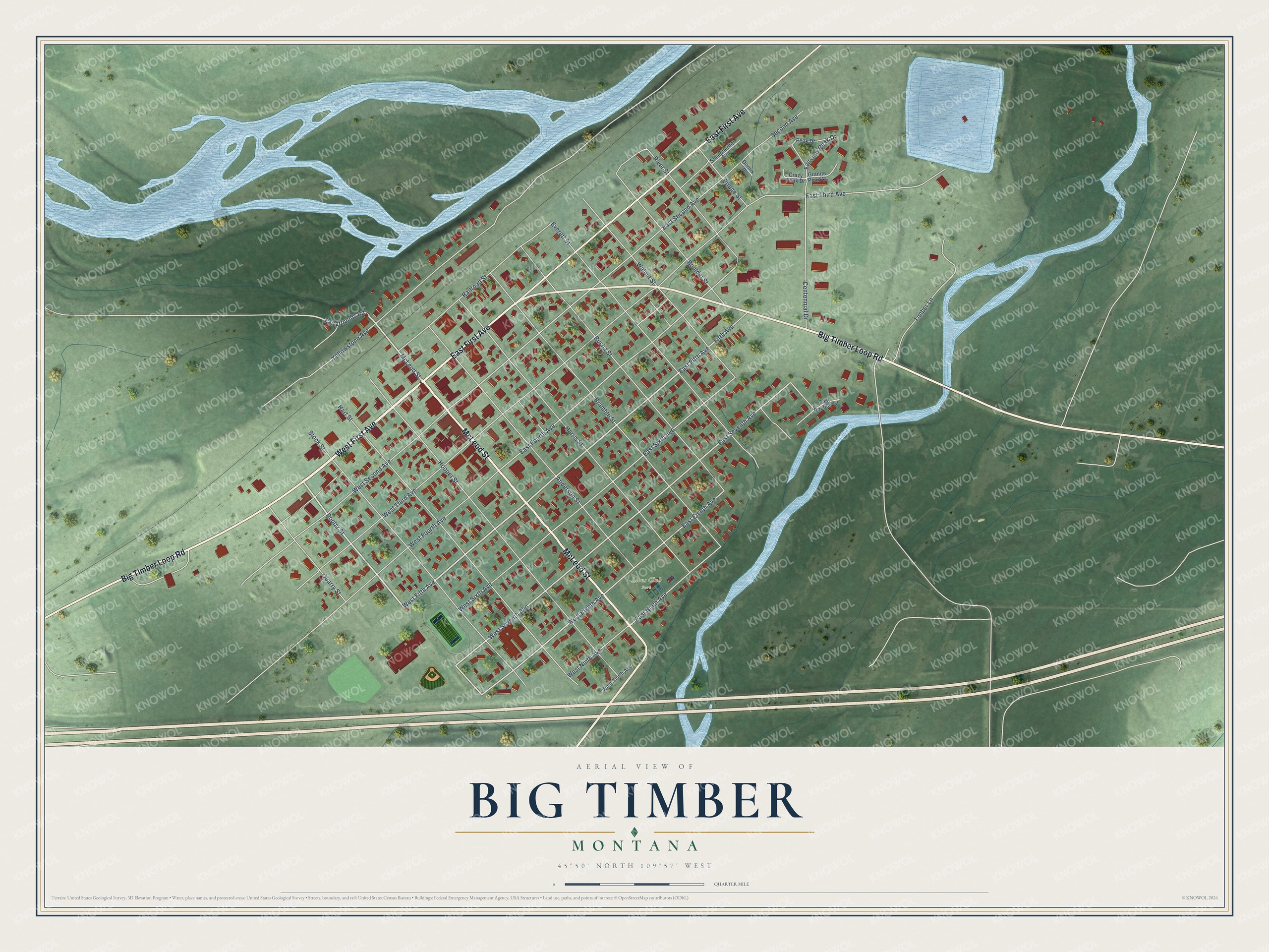 Full map of Big Timber, Montana, with red buildings, printed street names and the land around them