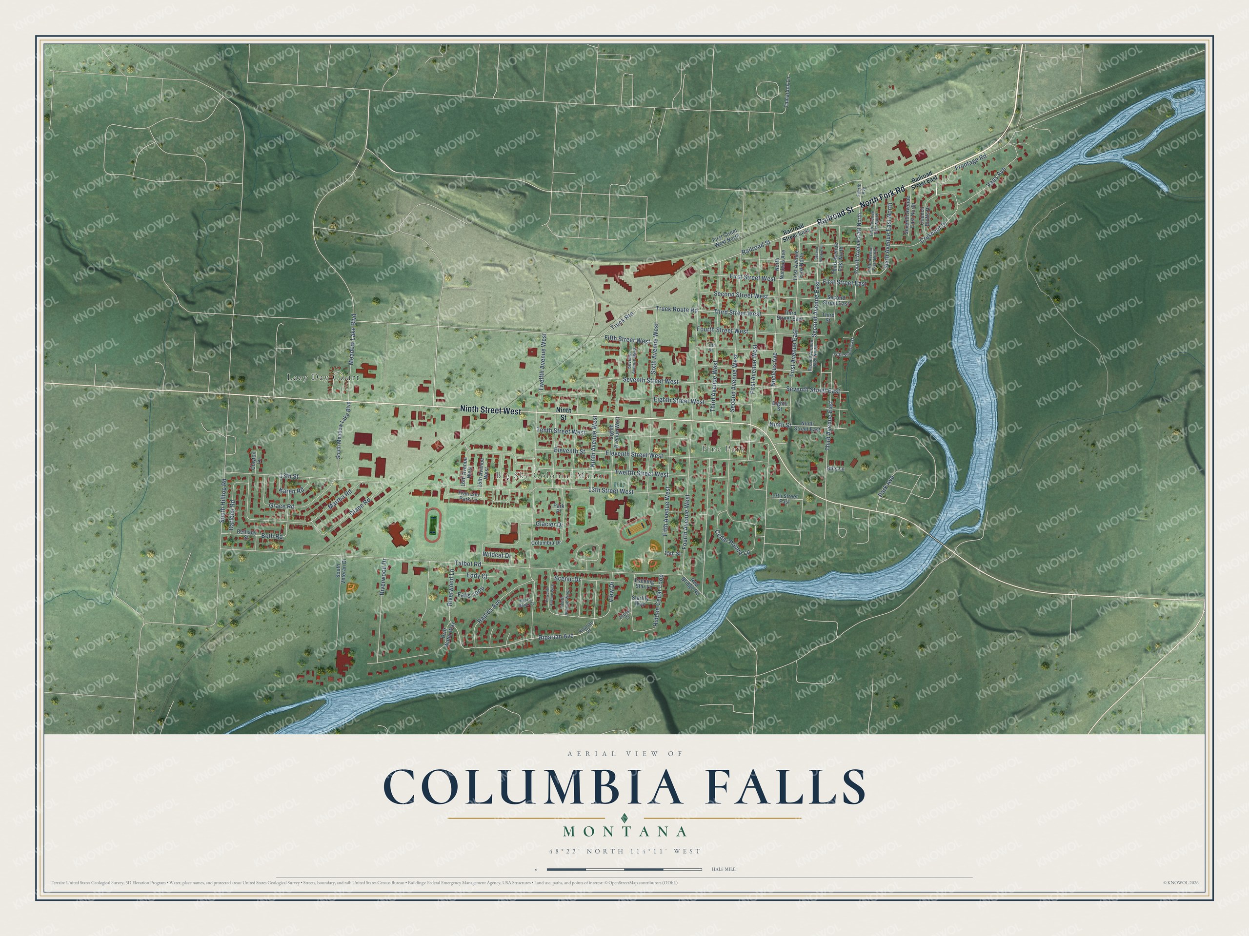 Watermarked full-map preview of Columbia Falls, Montana