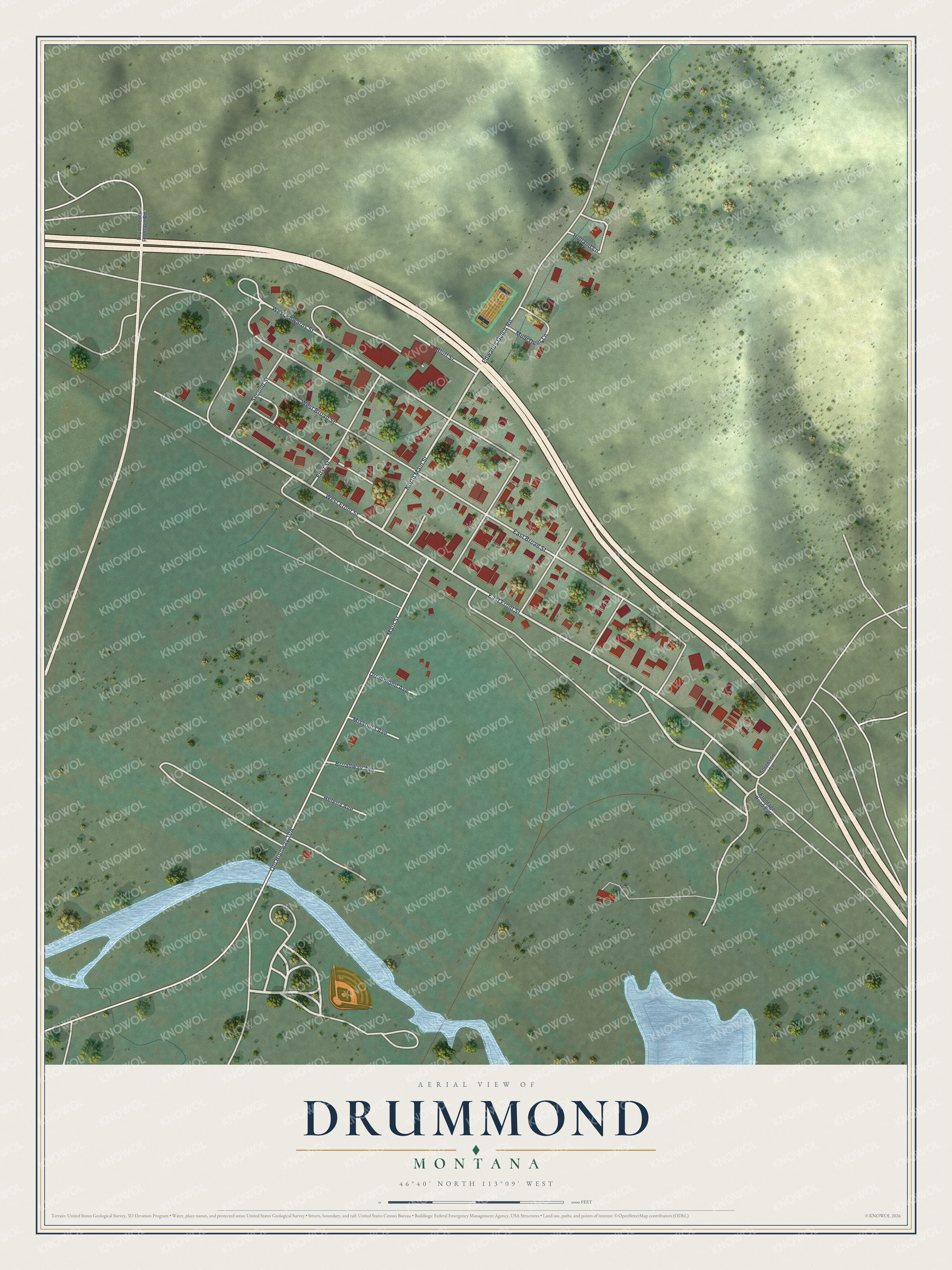 Full map of Drummond, Montana, with red buildings, printed street names and the land around them