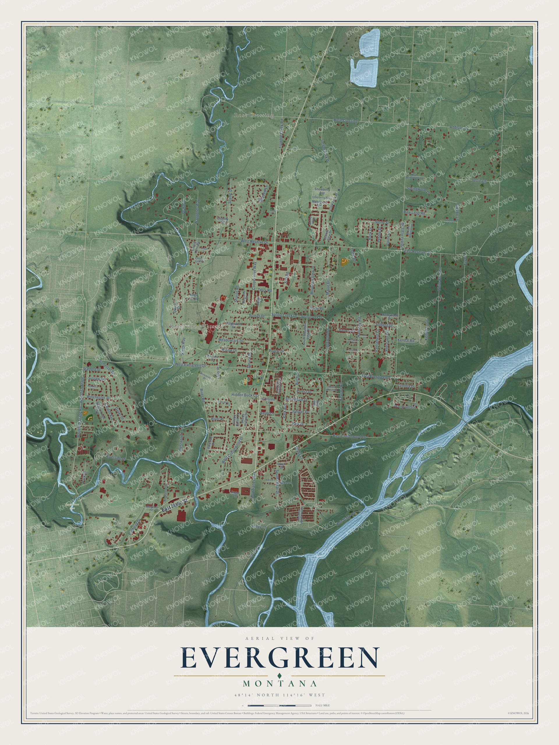Watermarked full-map preview of Evergreen, Montana