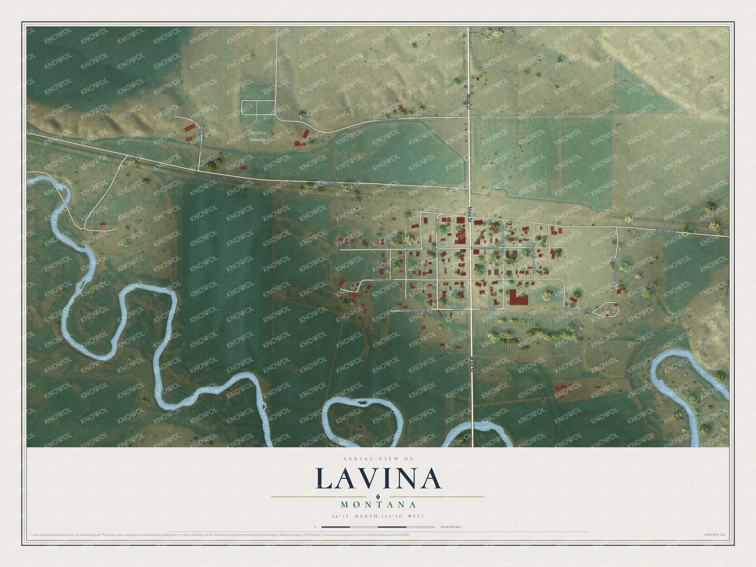Watermarked full-map preview of Lavina, Montana