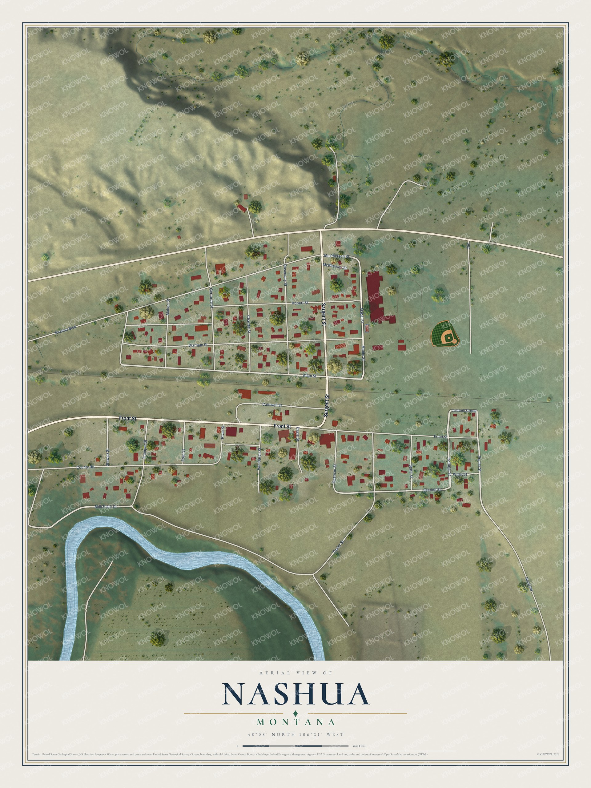 Full map of Nashua, Montana, with red buildings, printed street names and the land around them