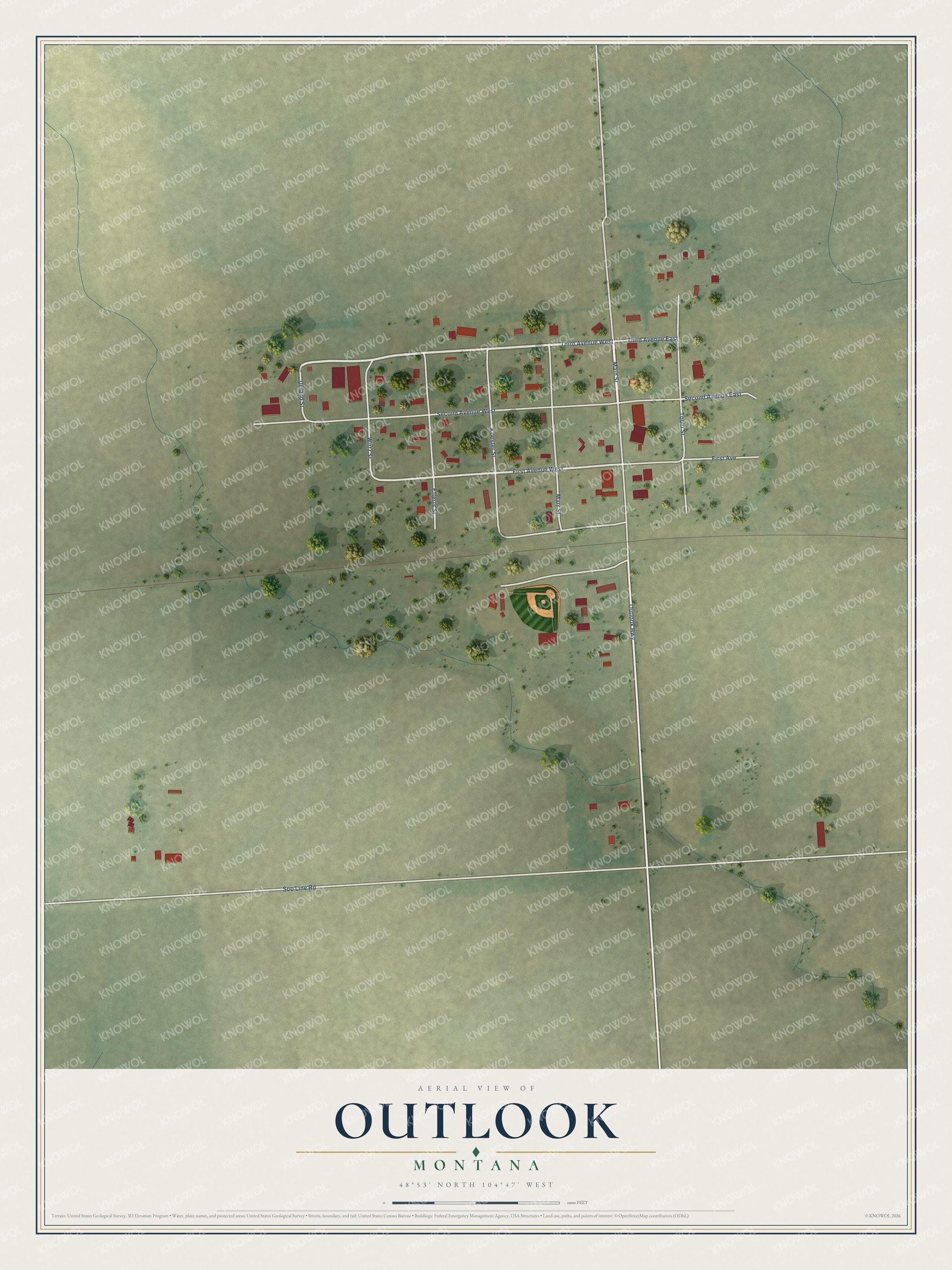 Full map of Outlook, Montana, with red buildings, printed street names and the land around them