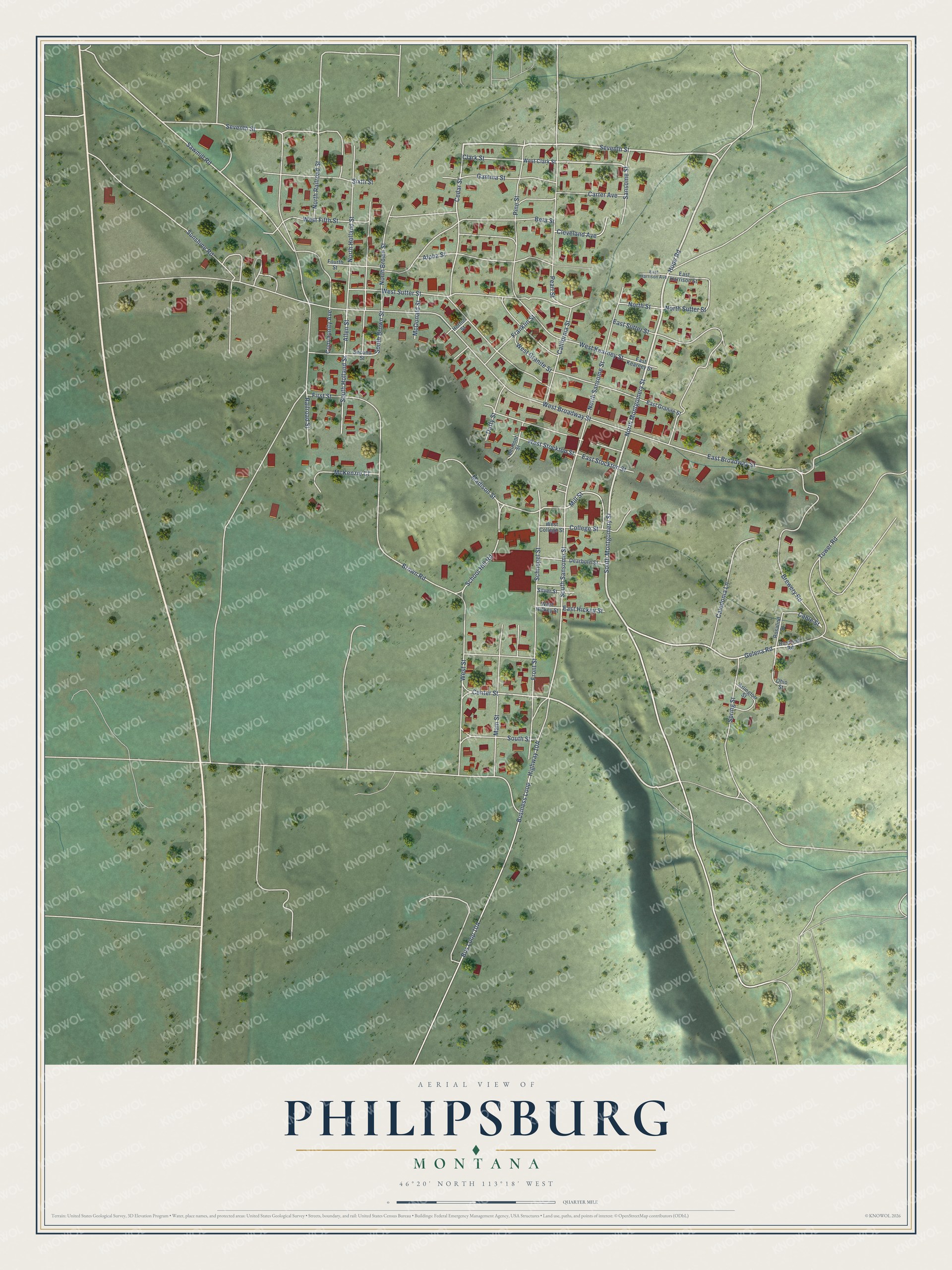 Full map of Philipsburg, Montana, with red buildings, printed street names and the land around them
