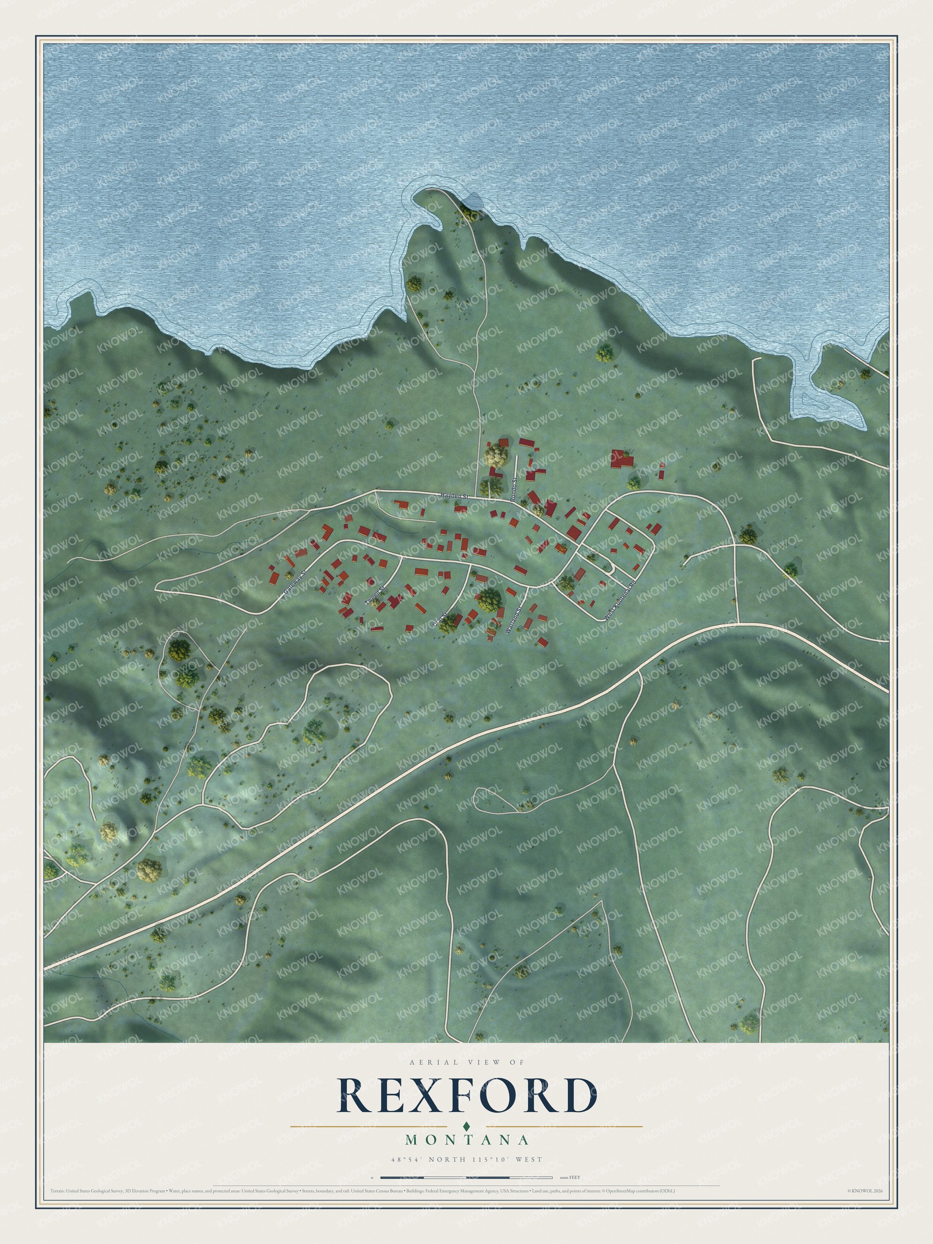 Full map of Rexford, Montana, with red buildings, printed street names and the land around them