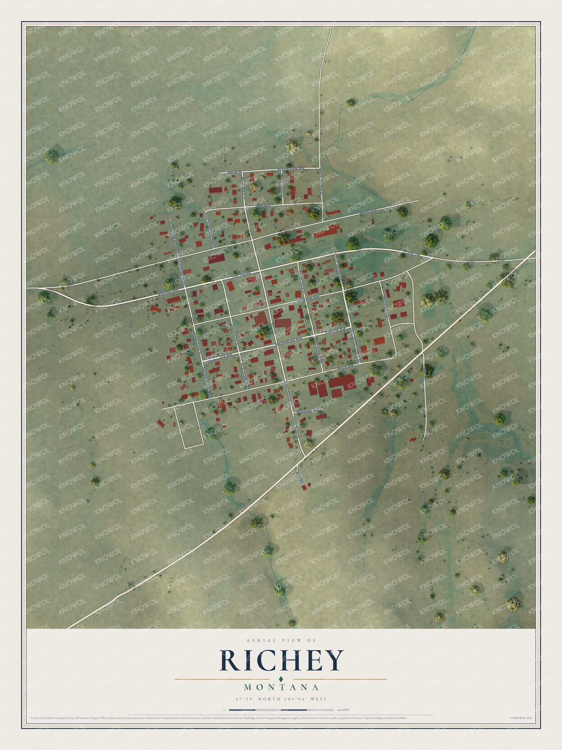 Full map of Richey, Montana, with red buildings, printed street names and the land around them