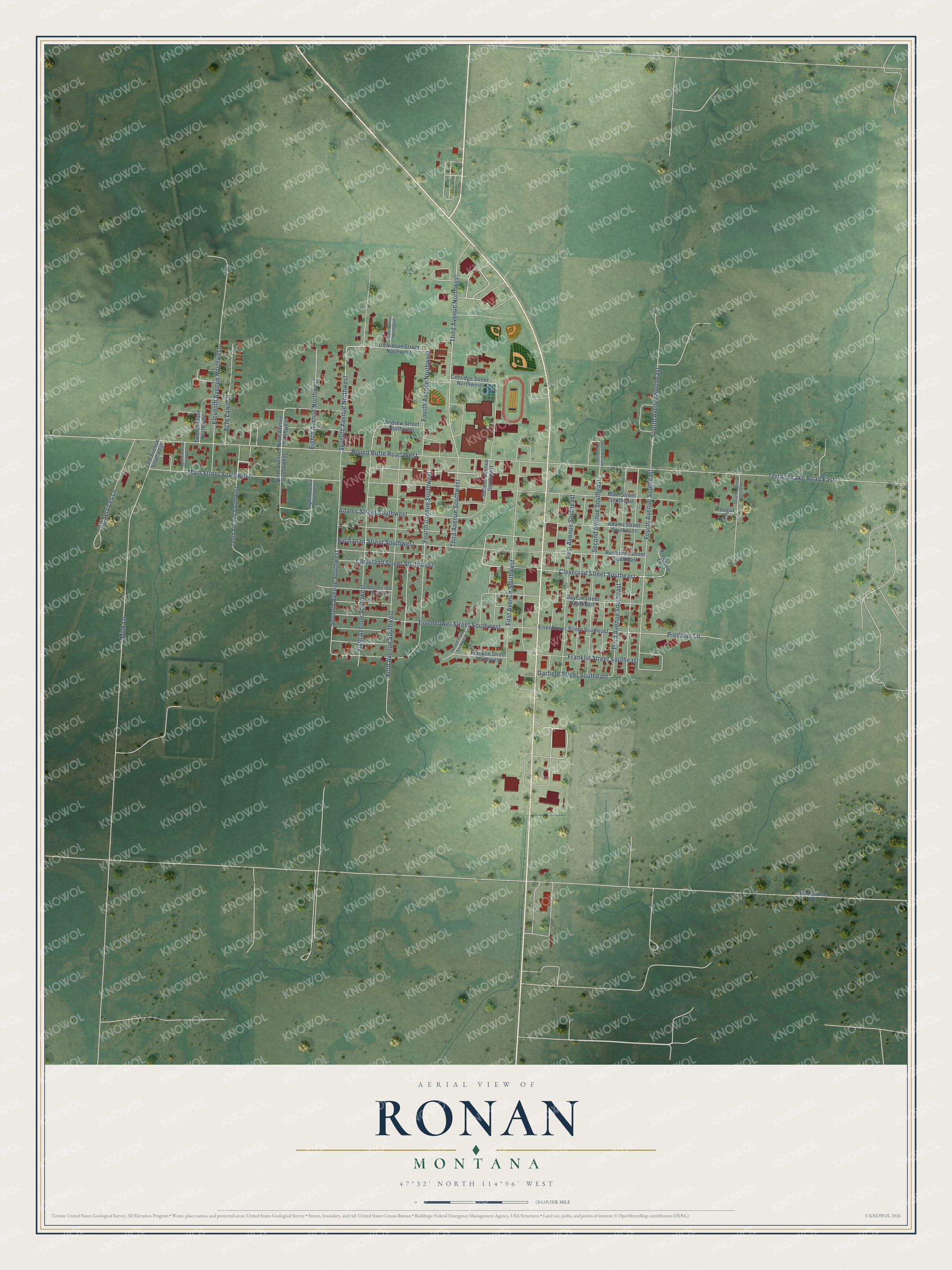 Full map of Ronan, Montana, with red buildings, printed street names and the land around them