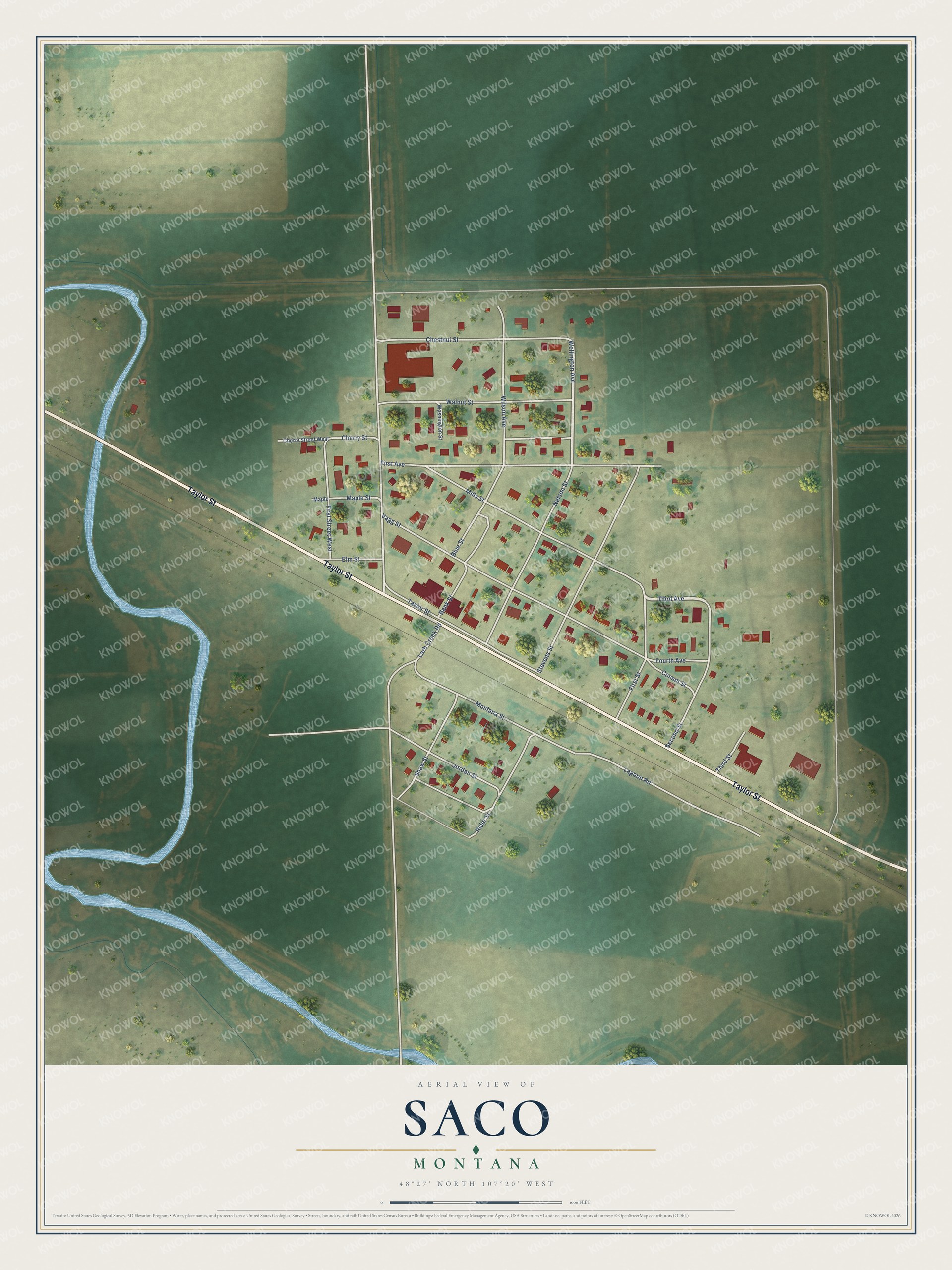 Full map of Saco, Montana, with red buildings, printed street names and the land around them