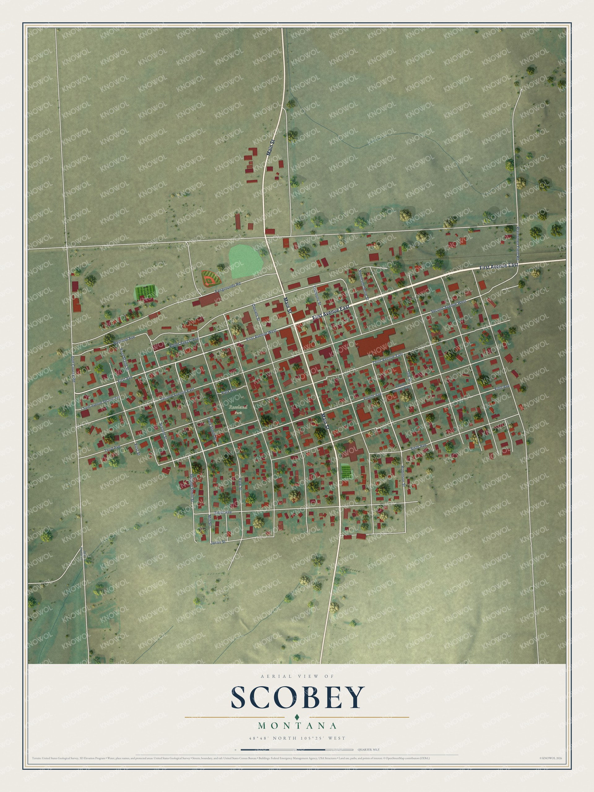 Full map of Scobey, Montana, with red buildings, printed street names and the land around them