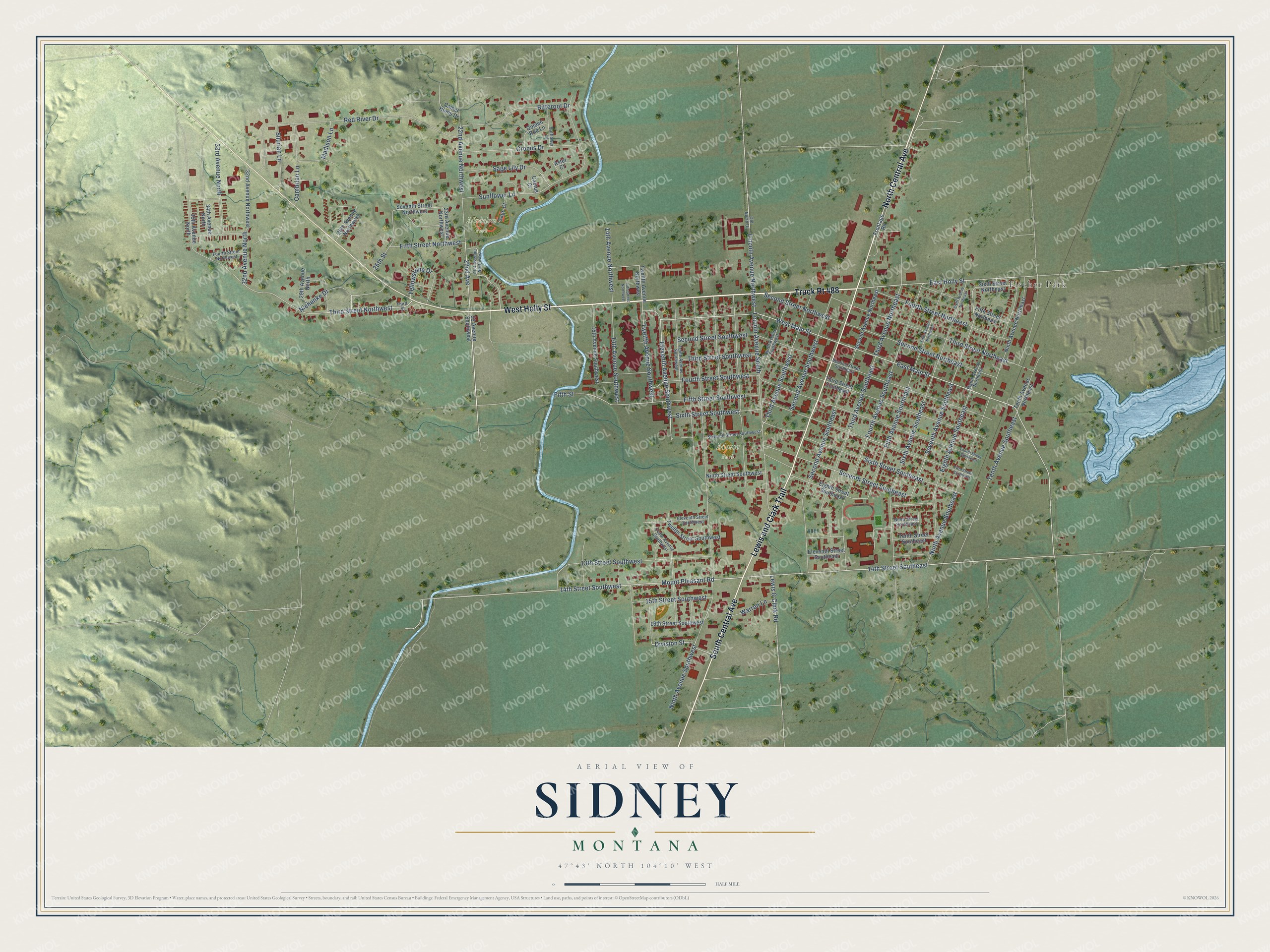 Full map of Sidney, Montana, with red buildings, printed street names and the land around them