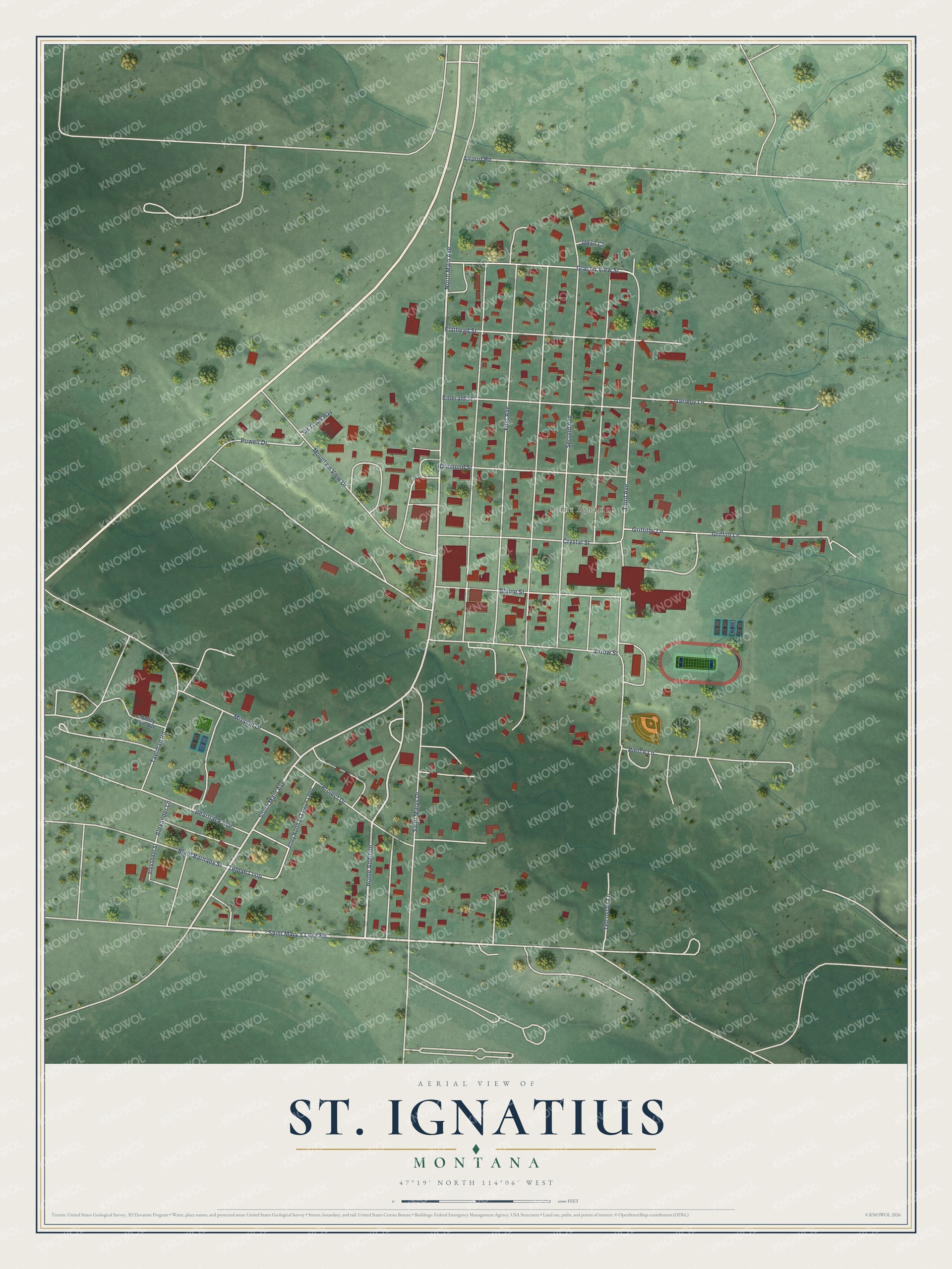Full map of St. Ignatius, Montana, with red buildings, printed street names and the land around them