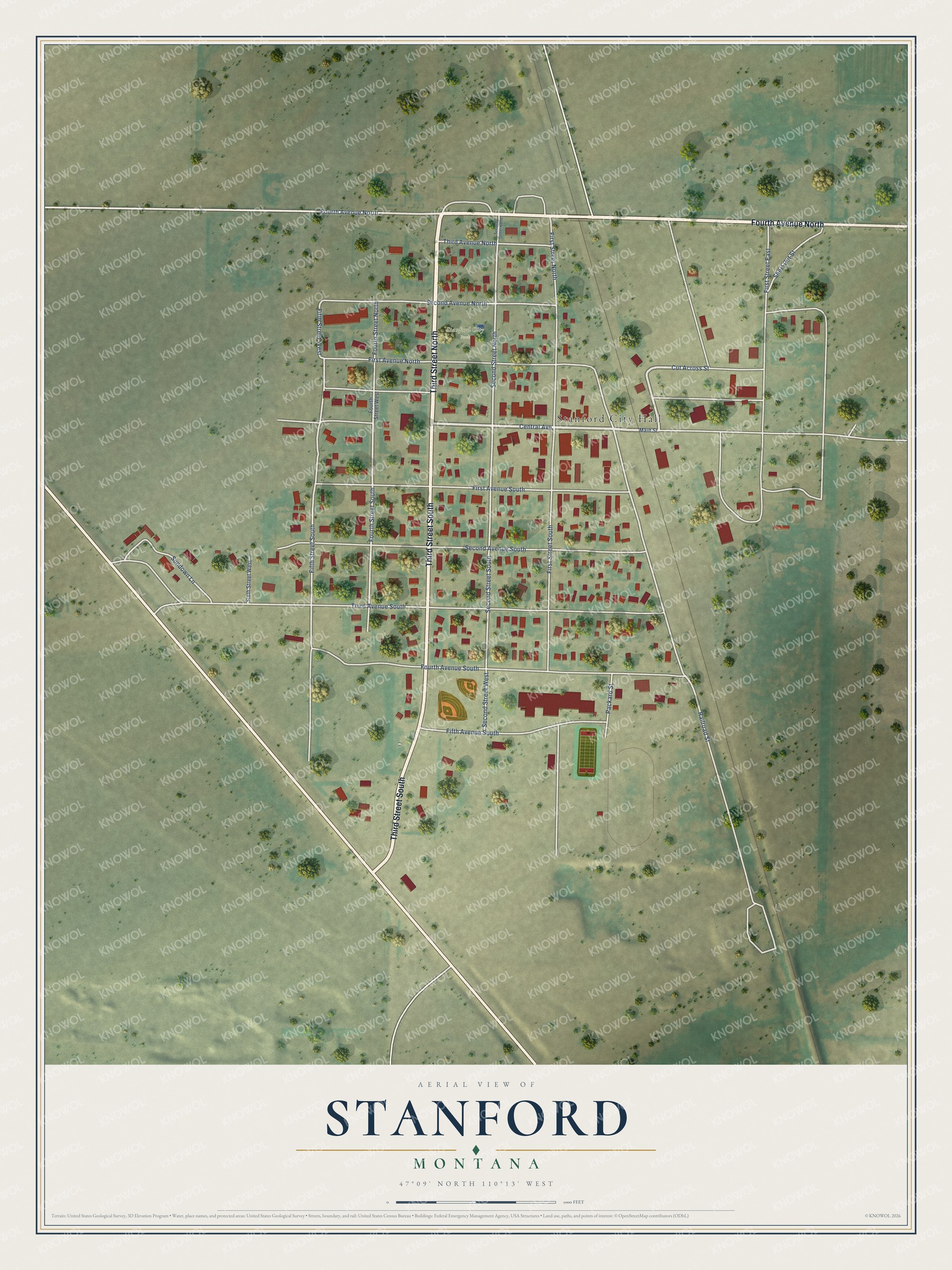 Full map of Stanford, Montana, with red buildings, printed street names and the land around them