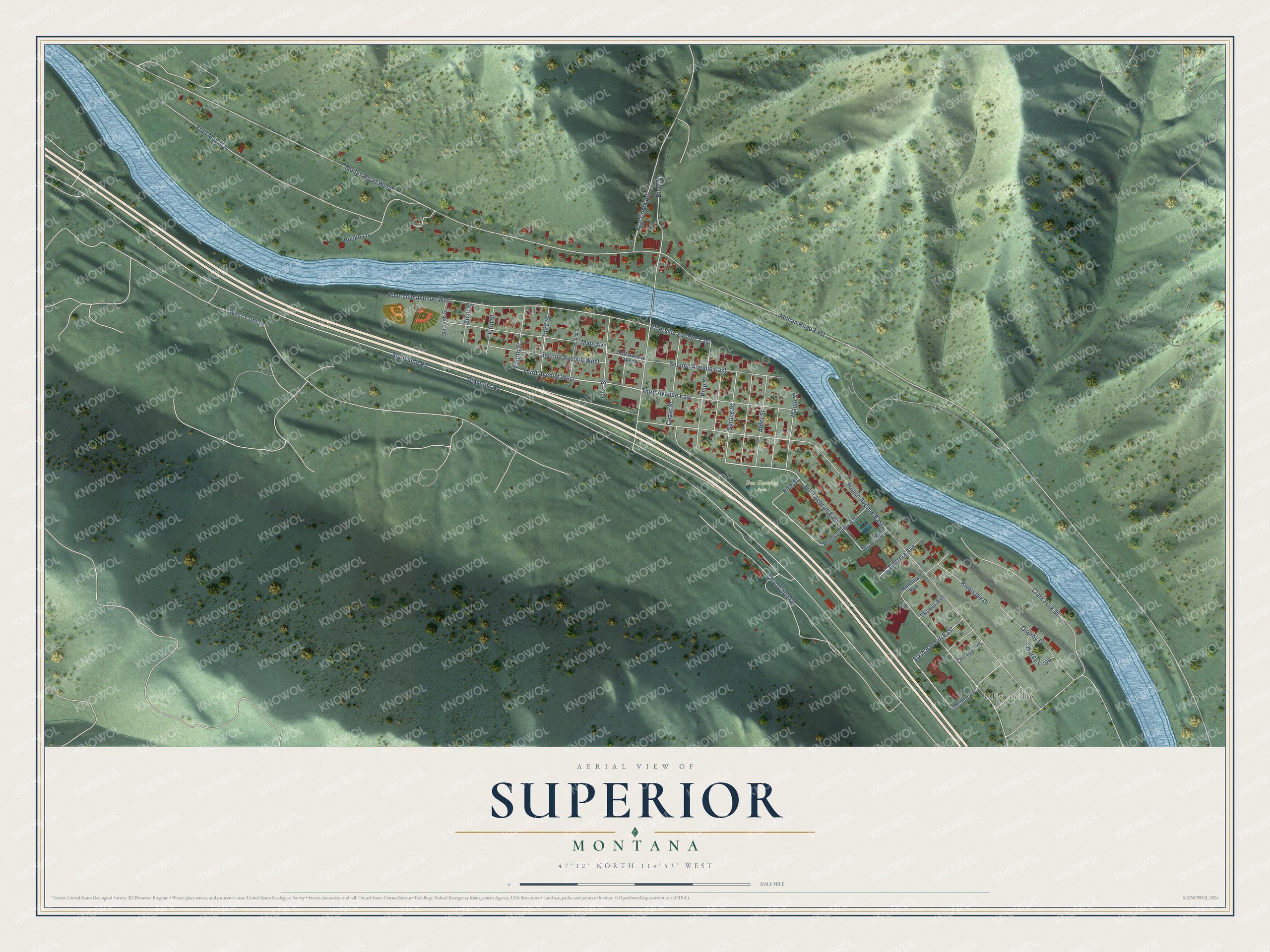 Full map of Superior, Montana, with red buildings, printed street names and the land around them