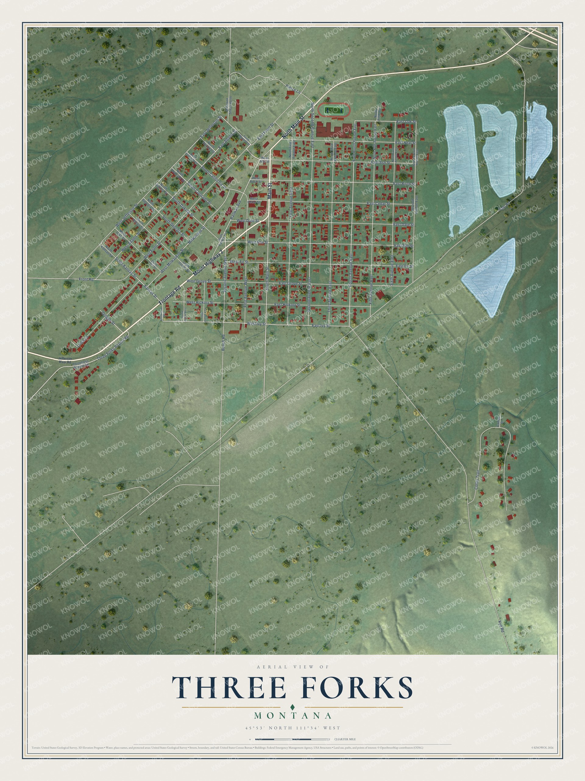 Watermarked full-map preview of Three Forks, Montana