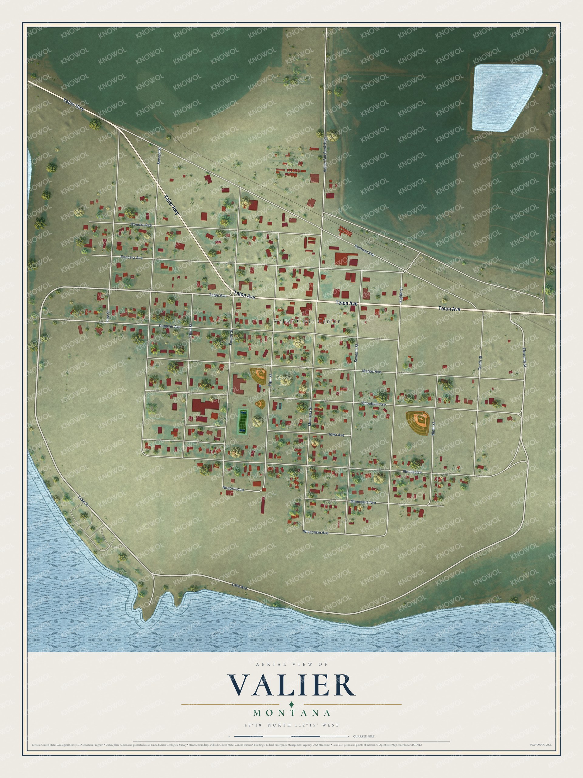 Full map of Valier, Montana, with red buildings, printed street names and the land around them