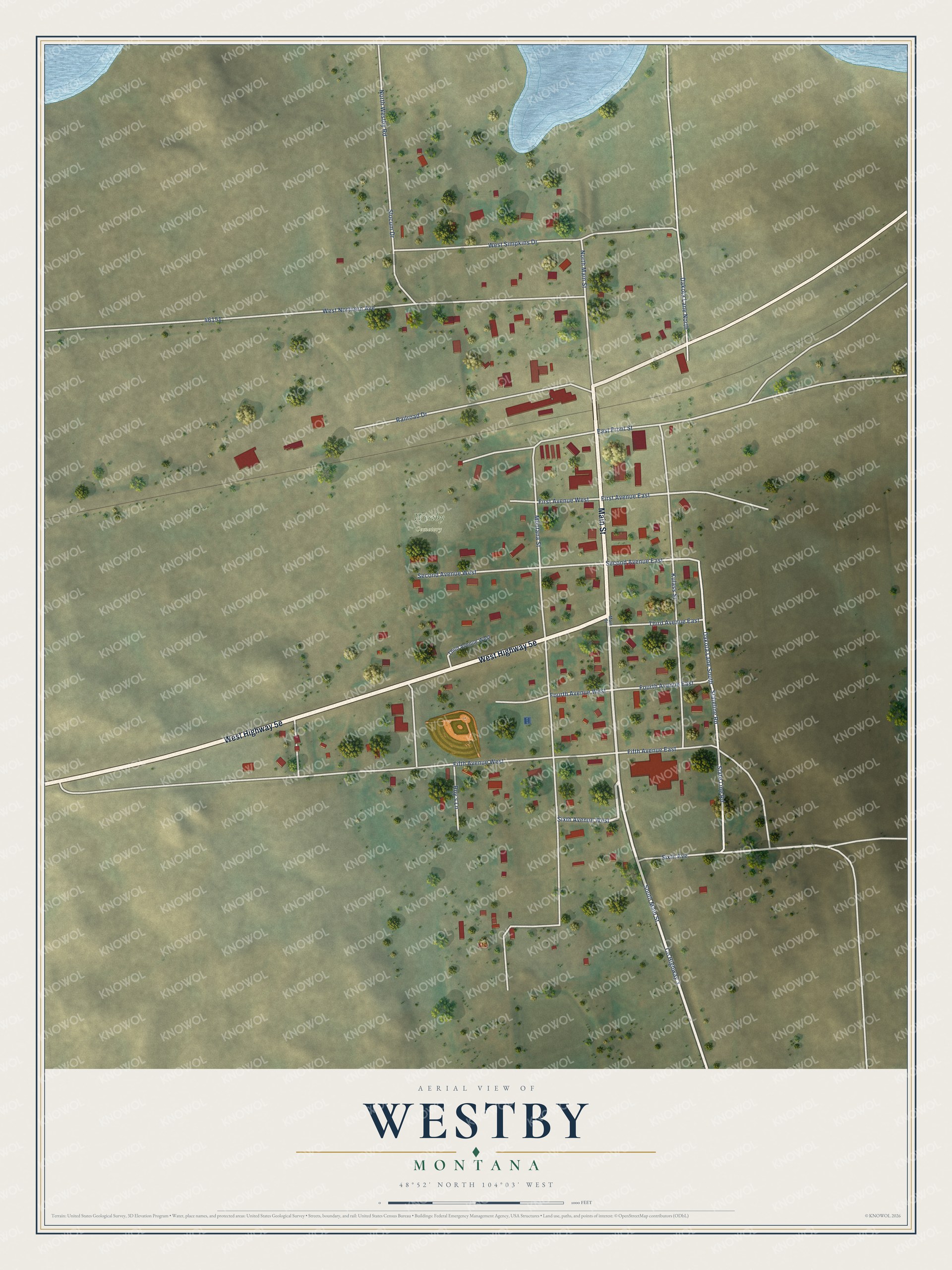Full map of Westby, Montana, with red buildings, printed street names and the land around them