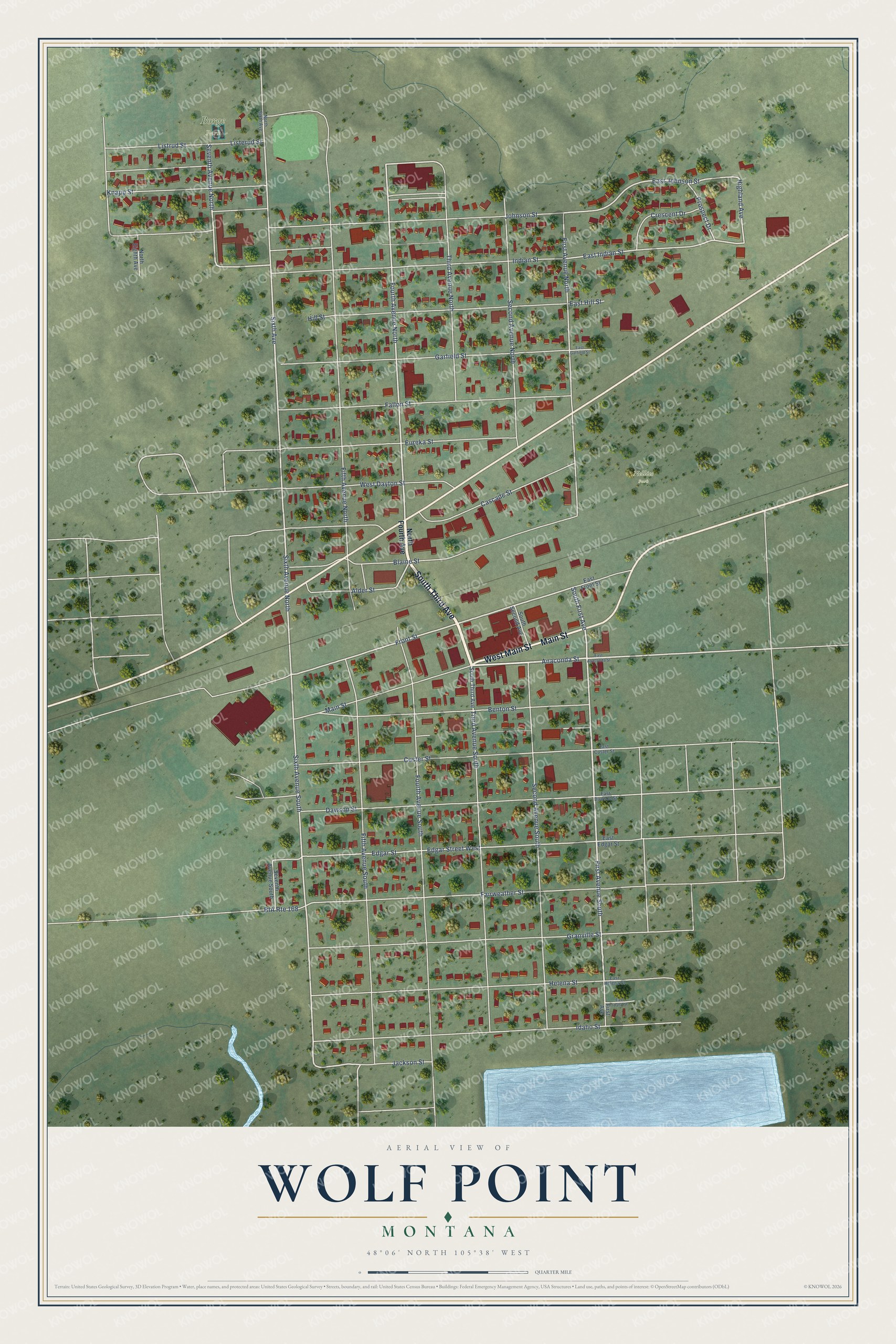 Full map of Wolf Point, Montana, with red buildings, printed street names and the land around them