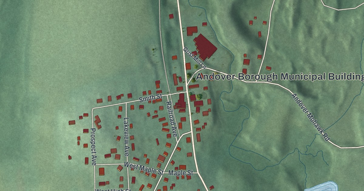 Close-up of streets and buildings in Borough of Andover, Sussex County, New Jersey
