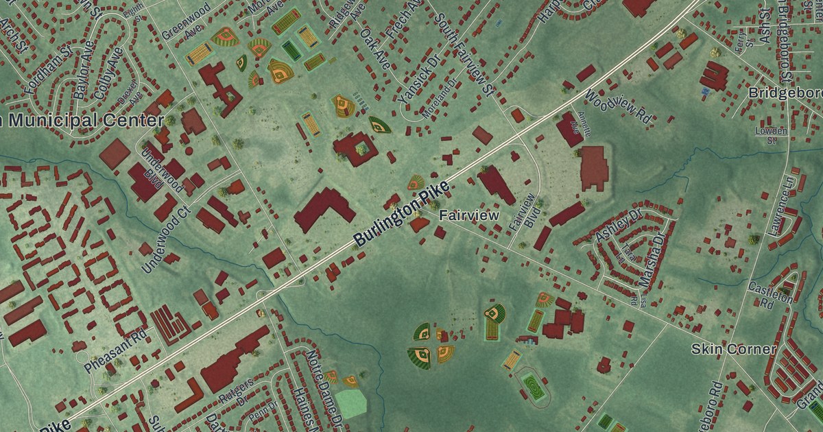 Close-up of streets and buildings in Delran, New Jersey