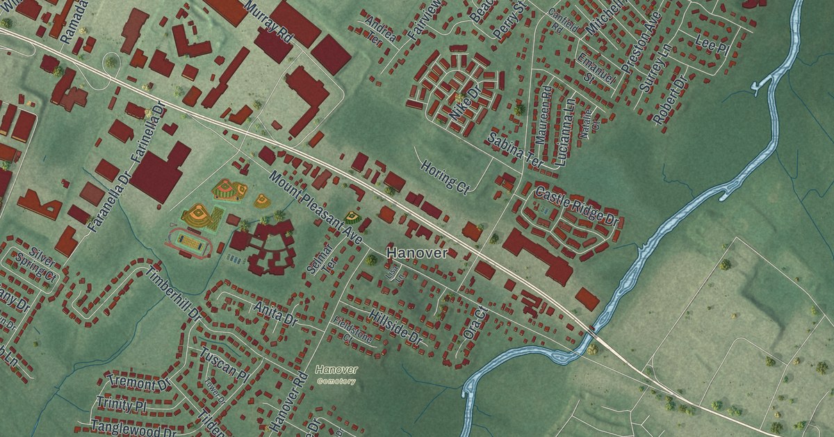 Close-up of streets and buildings in East Hanover, New Jersey
