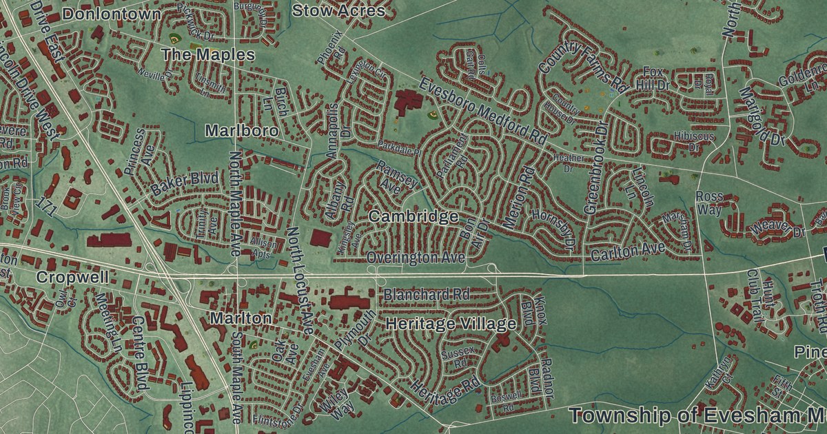 Close-up of streets and buildings in Evesham, New Jersey