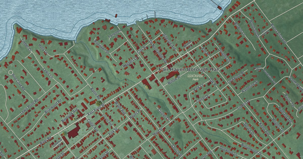 Close-up of streets and buildings in Fair Haven, New Jersey