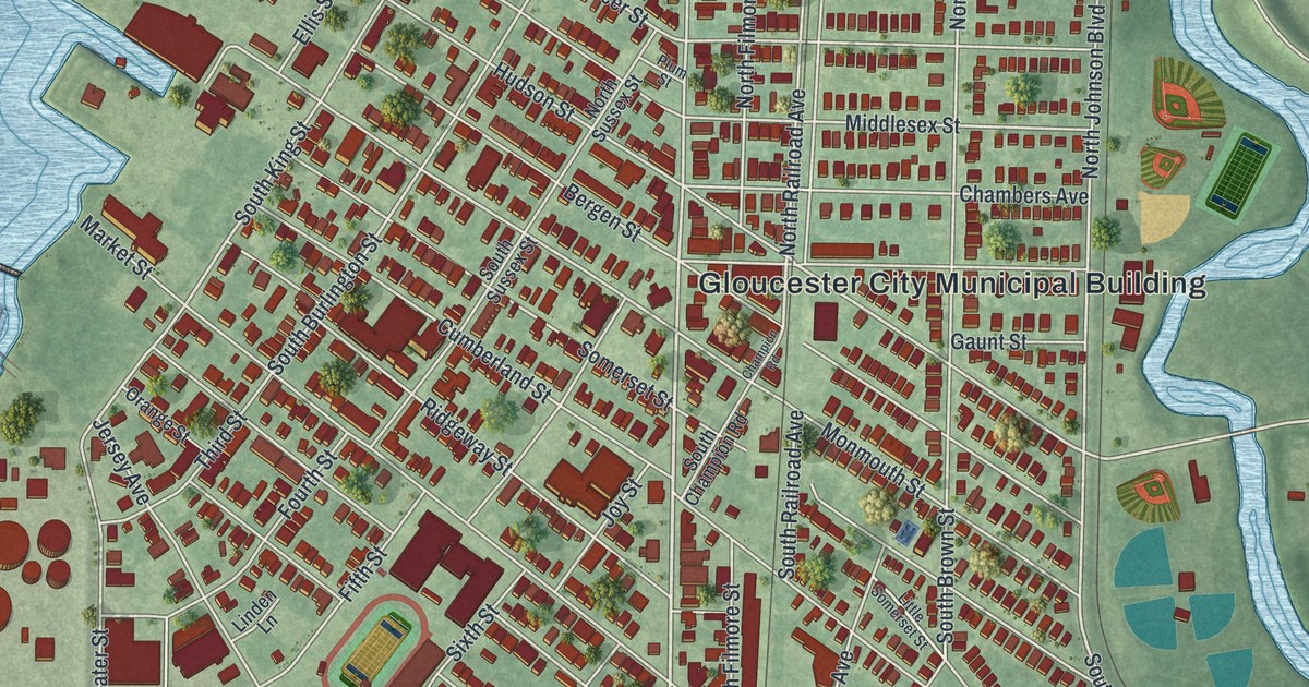 Close-up of streets and buildings in Gloucester City, New Jersey