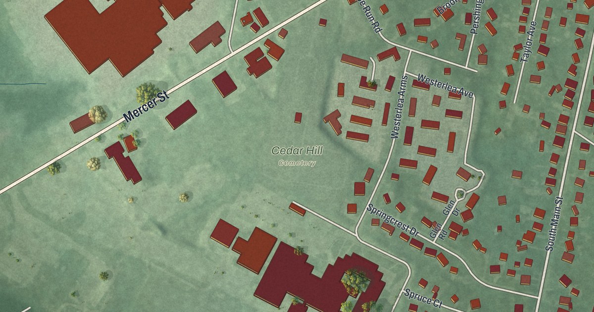 Close-up of streets and buildings in Hightstown, New Jersey