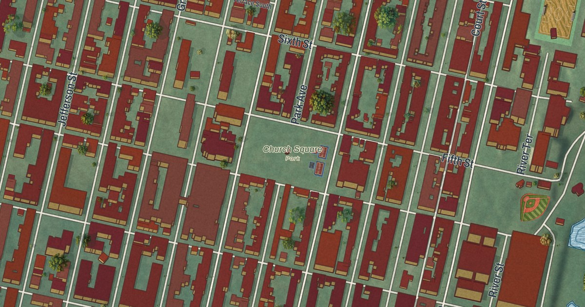 Close-up of streets and buildings in Hoboken, New Jersey