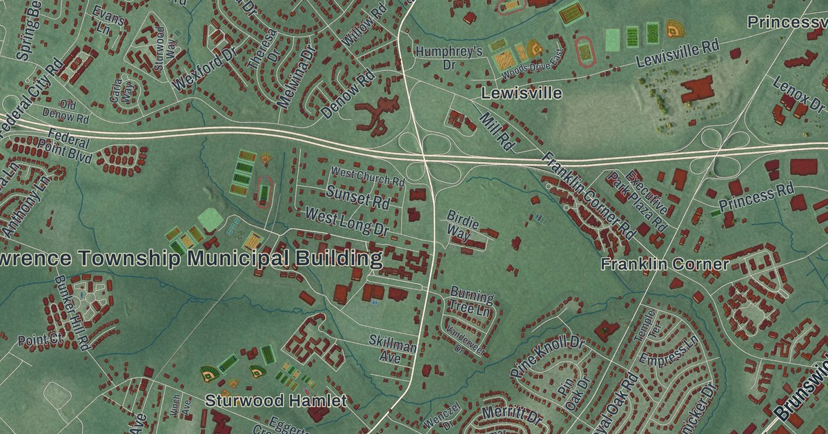 Close-up of streets and buildings in Lawrence, Mercer County, New Jersey