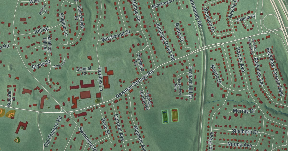 Close-up of streets and buildings in Lincroft, New Jersey