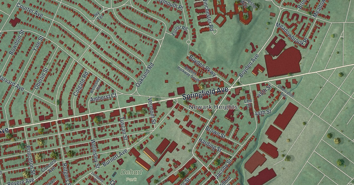 Close-up of streets and buildings in Maplewood, New Jersey