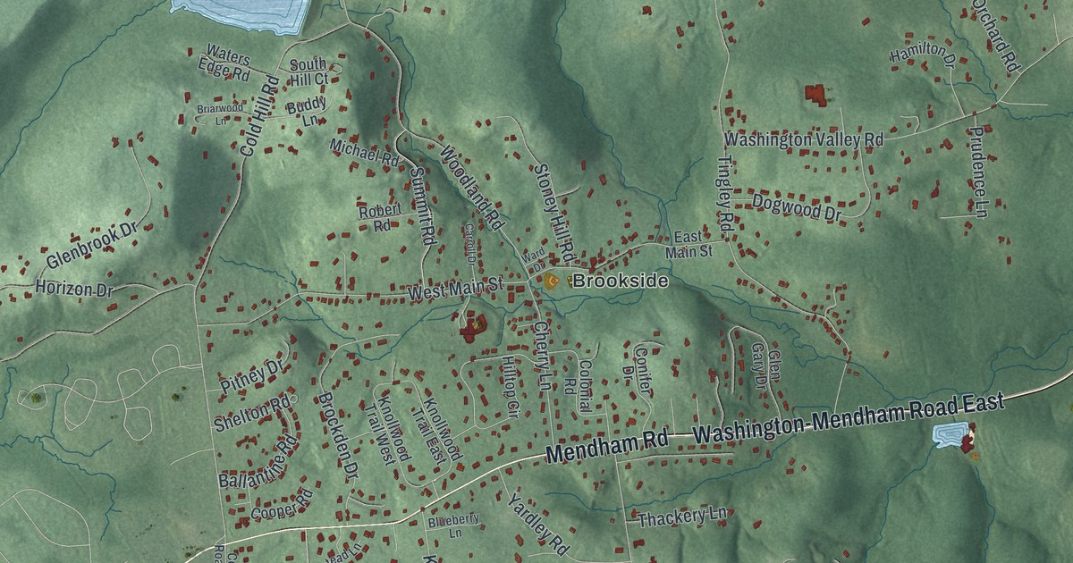 Close-up of streets and buildings in Mendham, Morris County, New Jersey