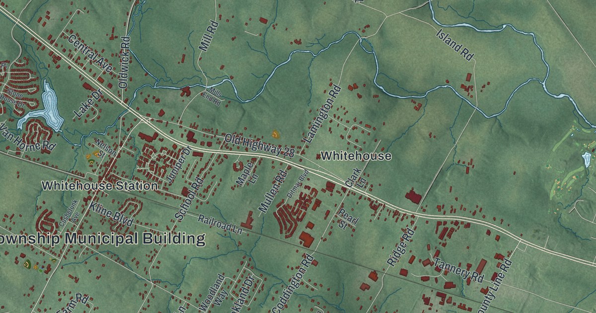 Close-up of streets and buildings in Readington, New Jersey