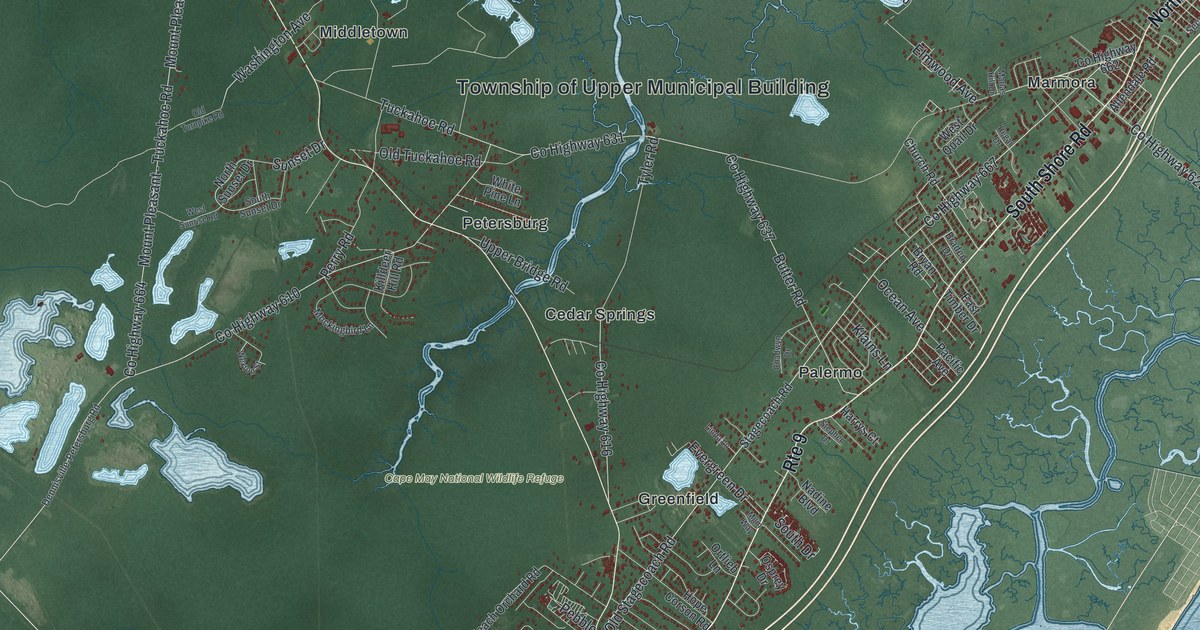 Close-up of streets and buildings in Upper, New Jersey
