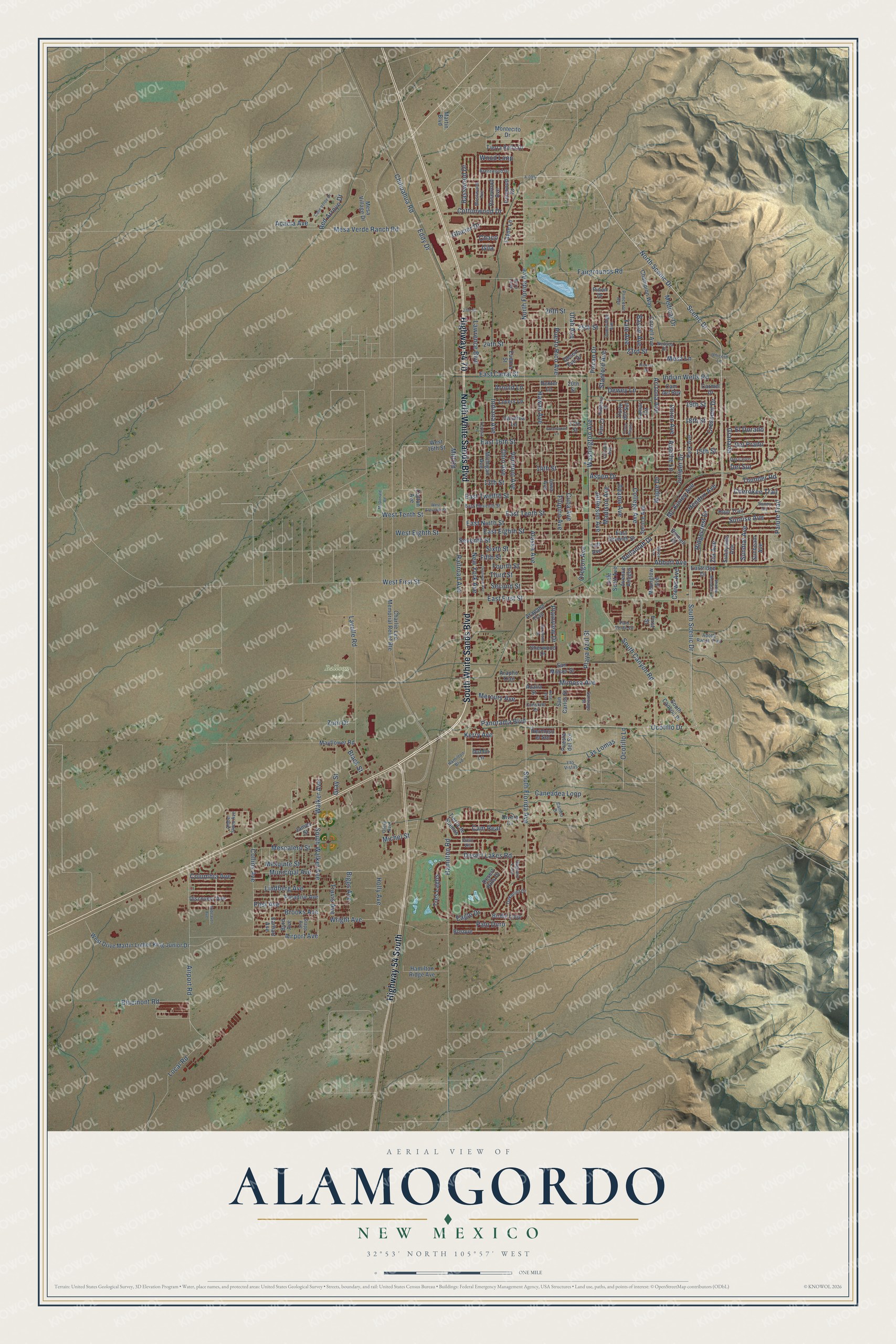 Full map of Alamogordo, New Mexico, with red buildings, printed street names and the land around them