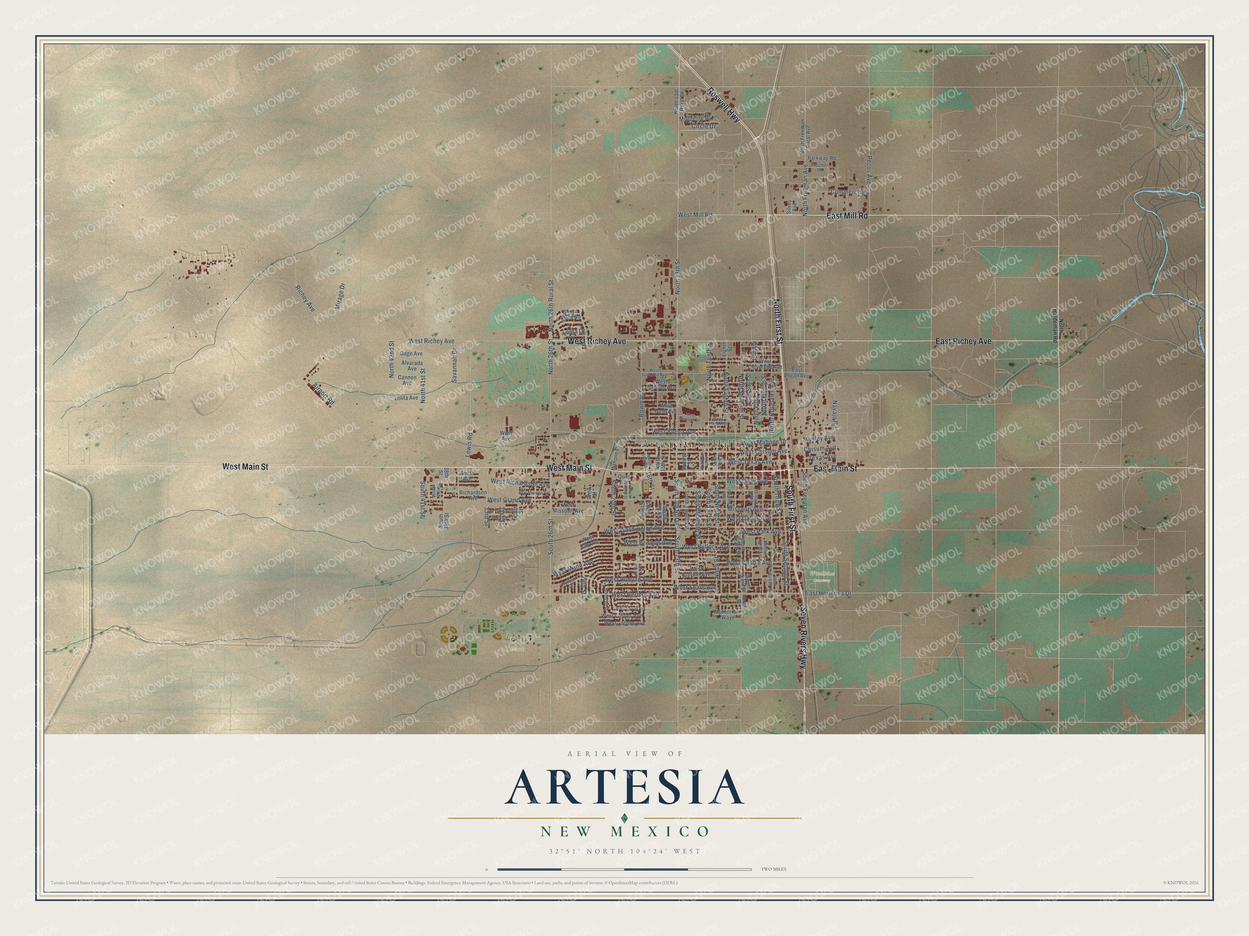 Full map of Artesia, New Mexico, with red buildings, printed street names and the land around them