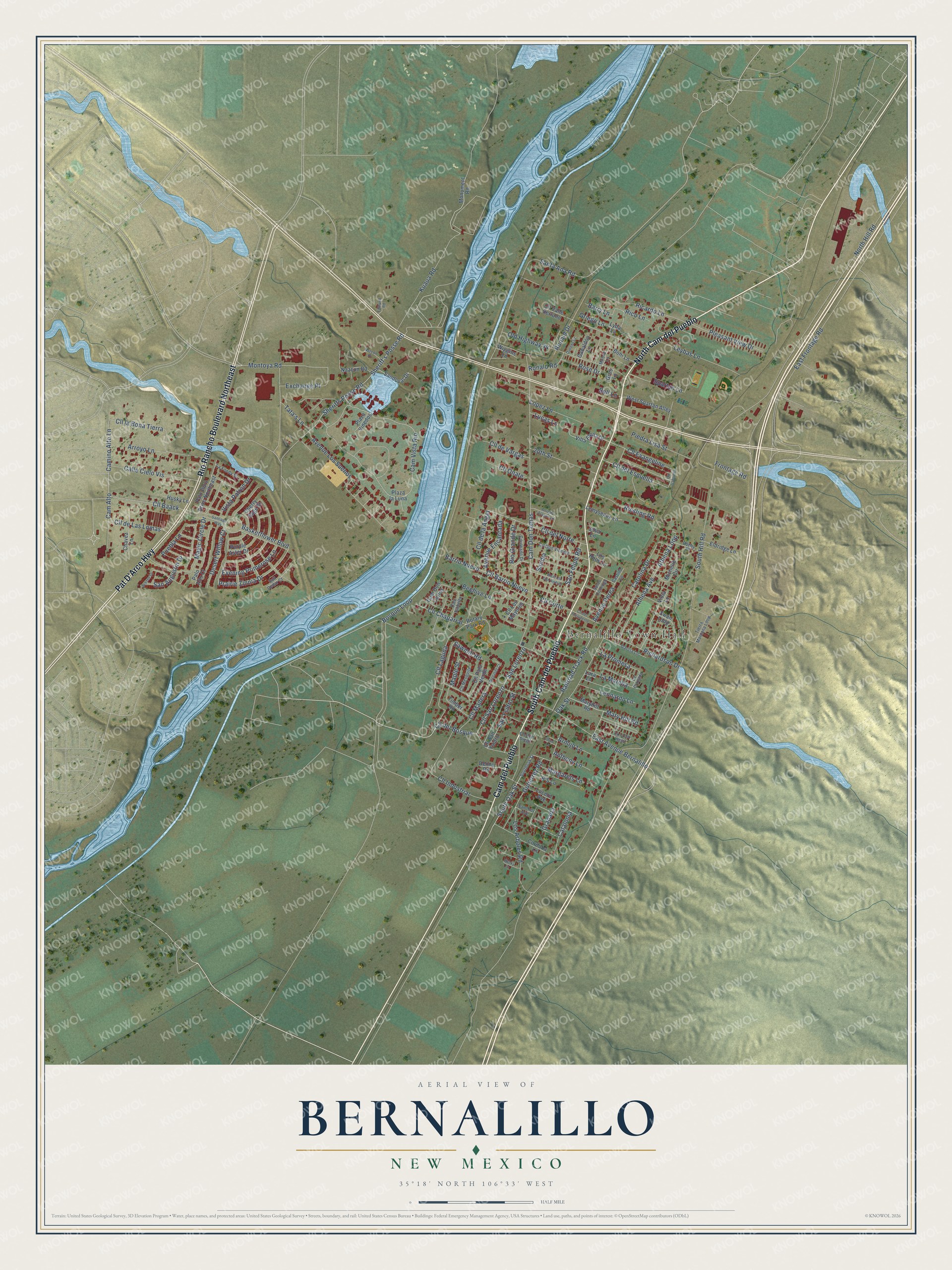 Full map of Bernalillo, New Mexico, with red buildings, printed street names and the land around them