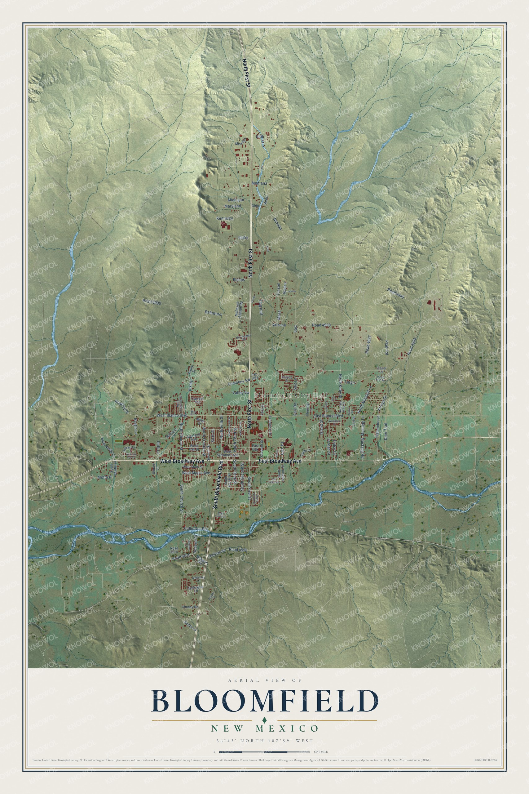 Full map of Bloomfield, New Mexico, with red buildings, printed street names and the land around them