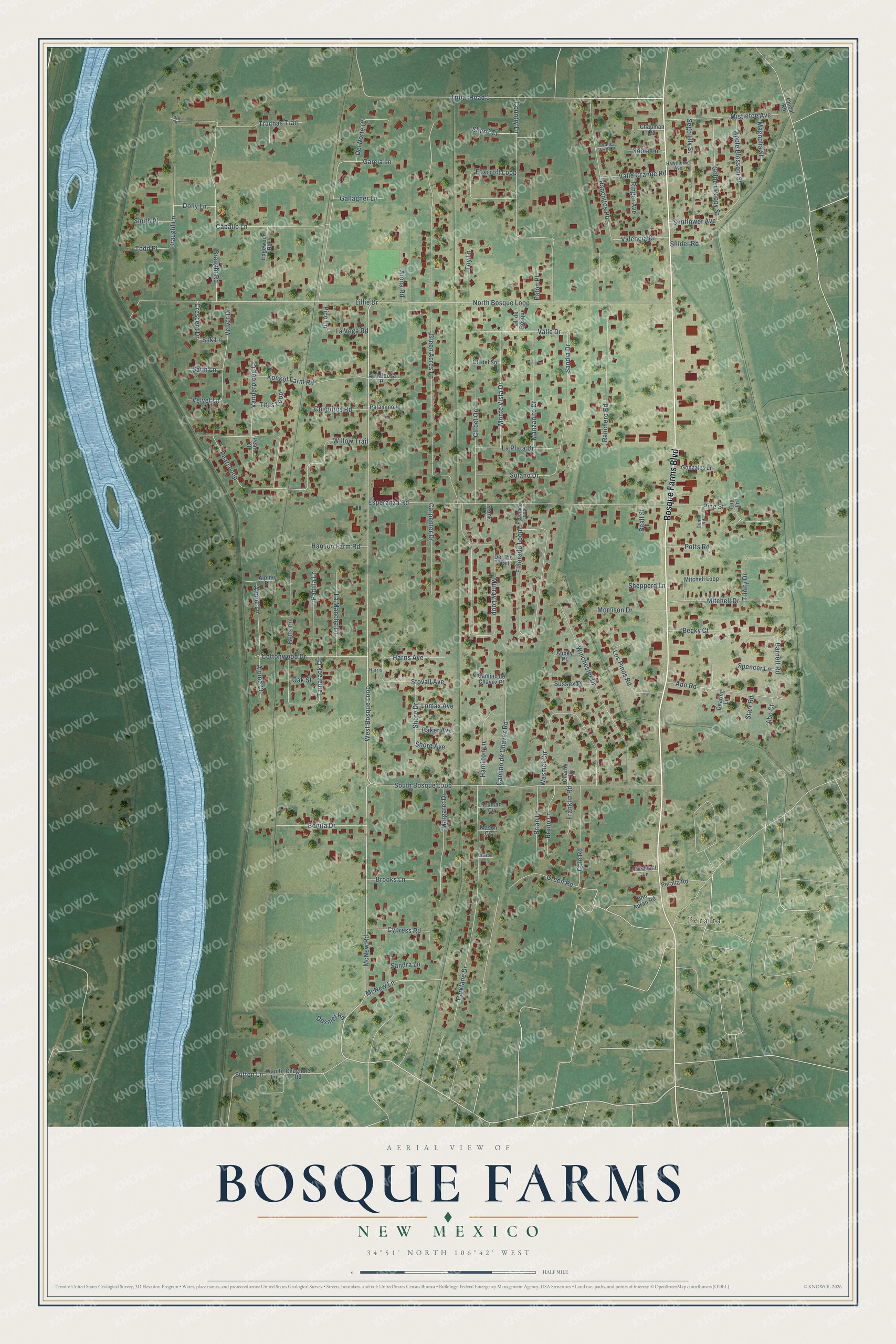 Full map of Bosque Farms, New Mexico, with red buildings, printed street names and the land around them