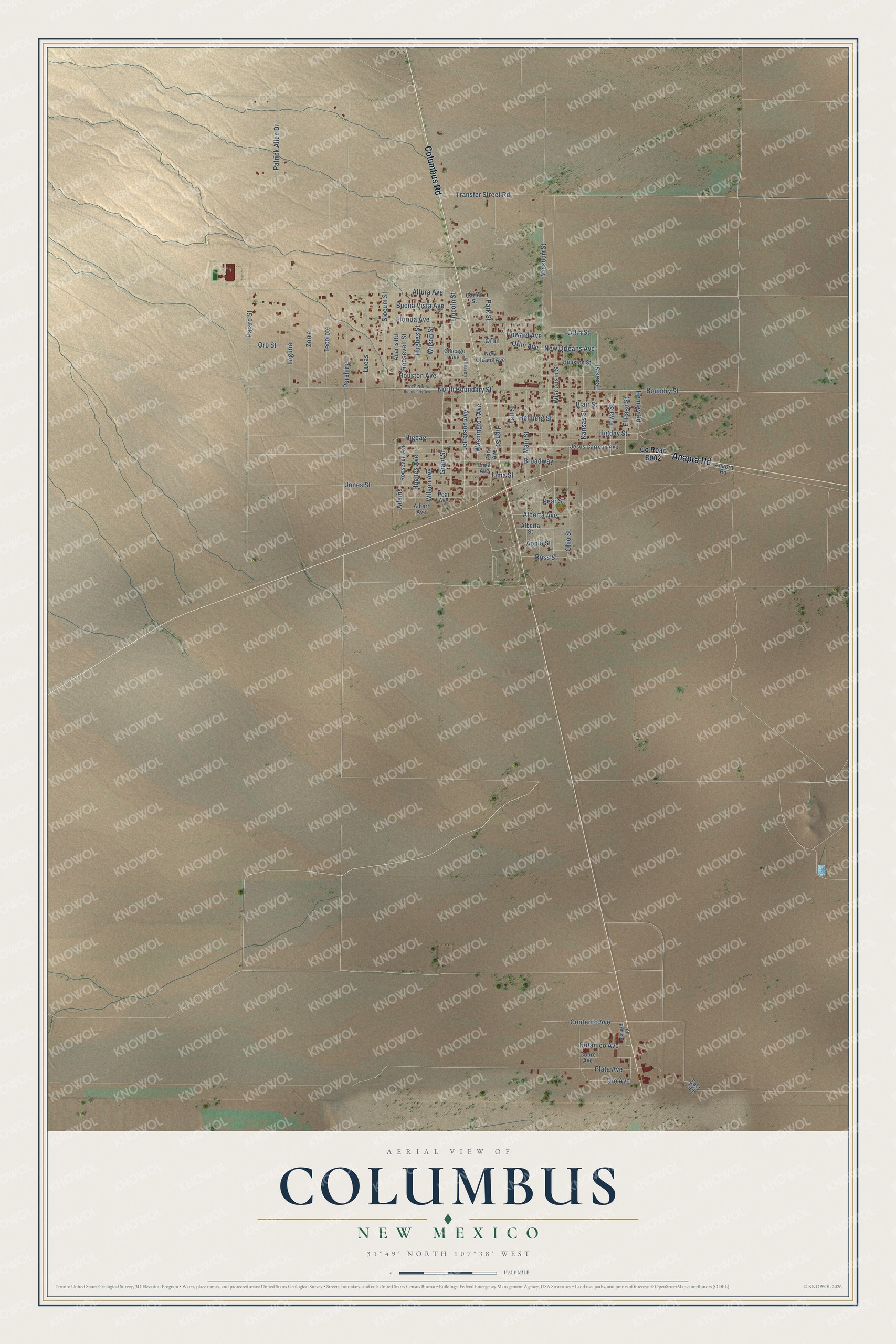 Full map of Columbus, New Mexico, with red buildings, printed street names and the land around them