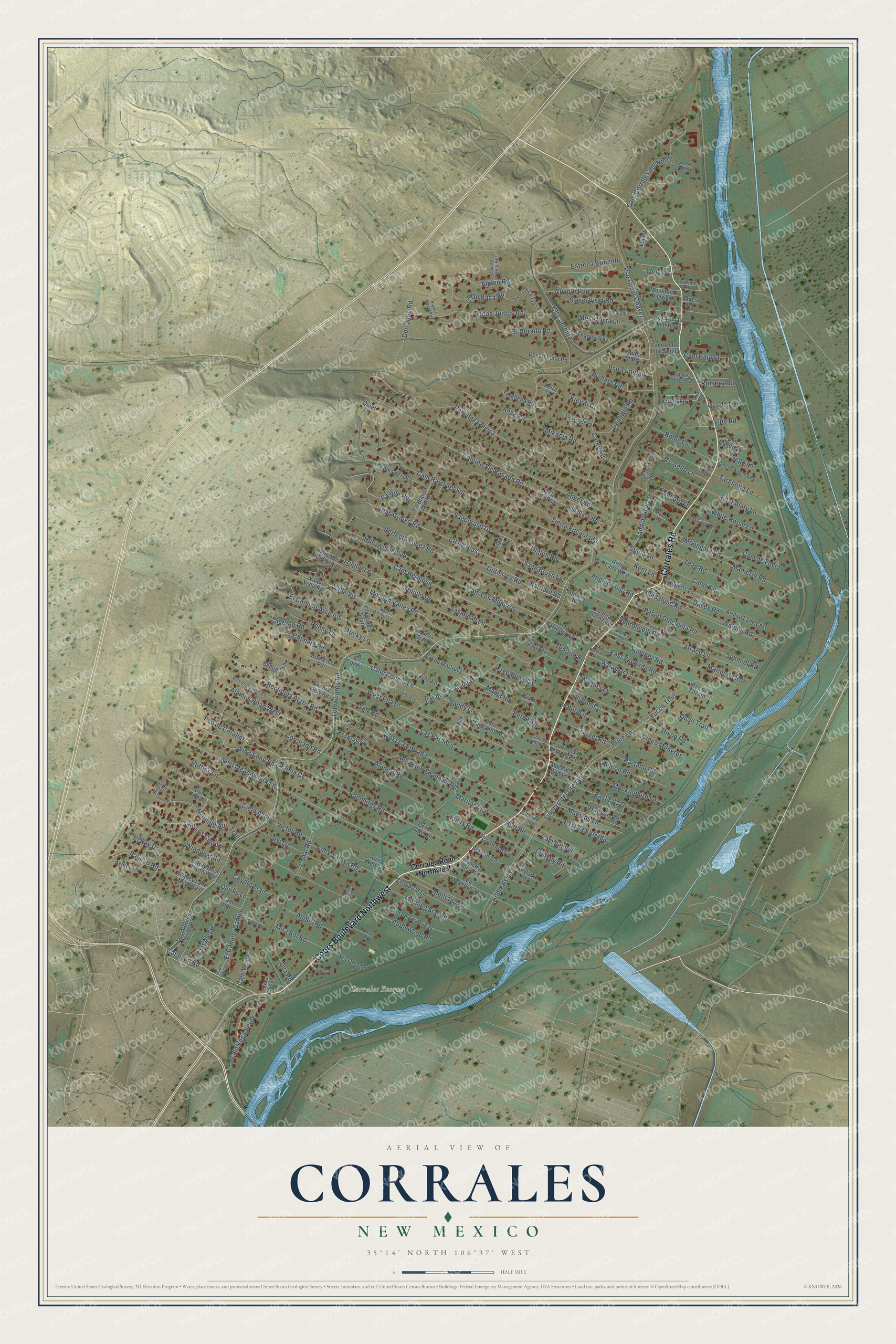 Full map of Corrales, New Mexico, with red buildings, printed street names and the land around them
