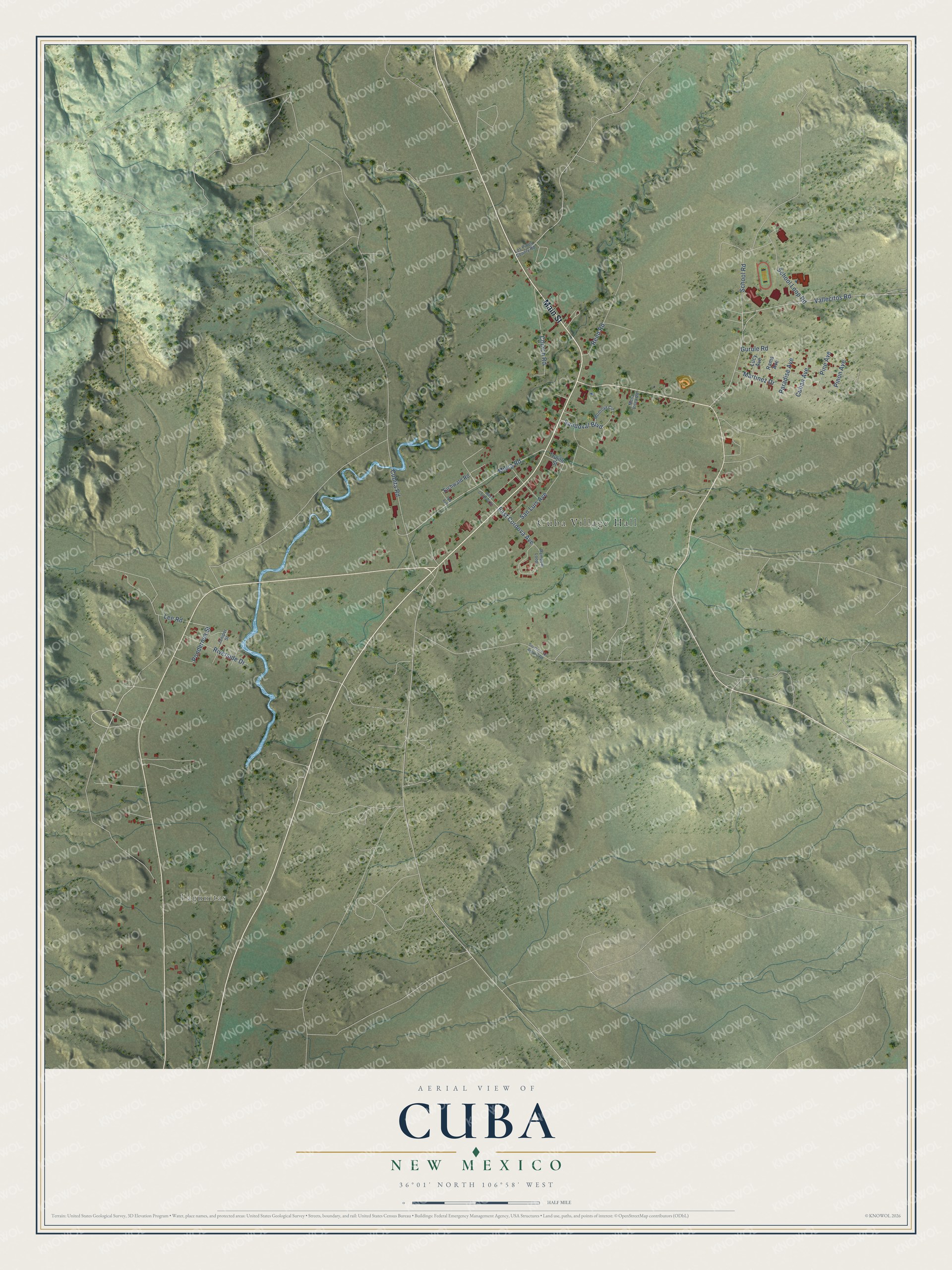 Full map of Cuba, New Mexico, with red buildings, printed street names and the land around them