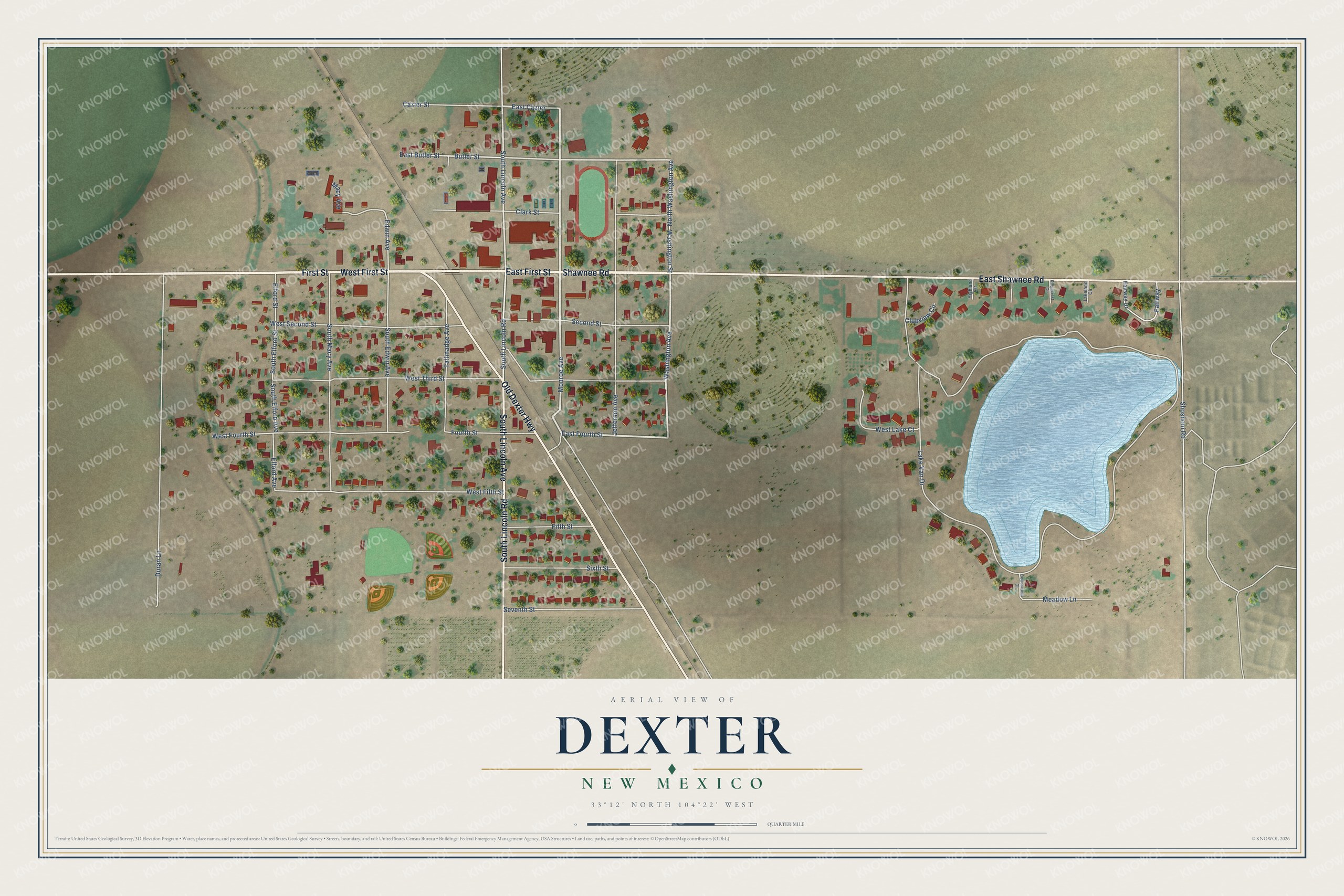 Full map of Dexter, New Mexico, with red buildings, printed street names and the land around them