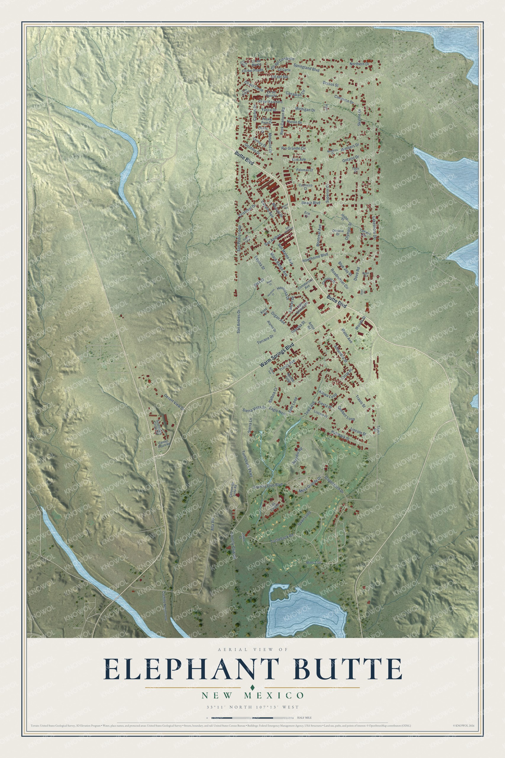 Full map of Elephant Butte, New Mexico, with red buildings, printed street names and the land around them