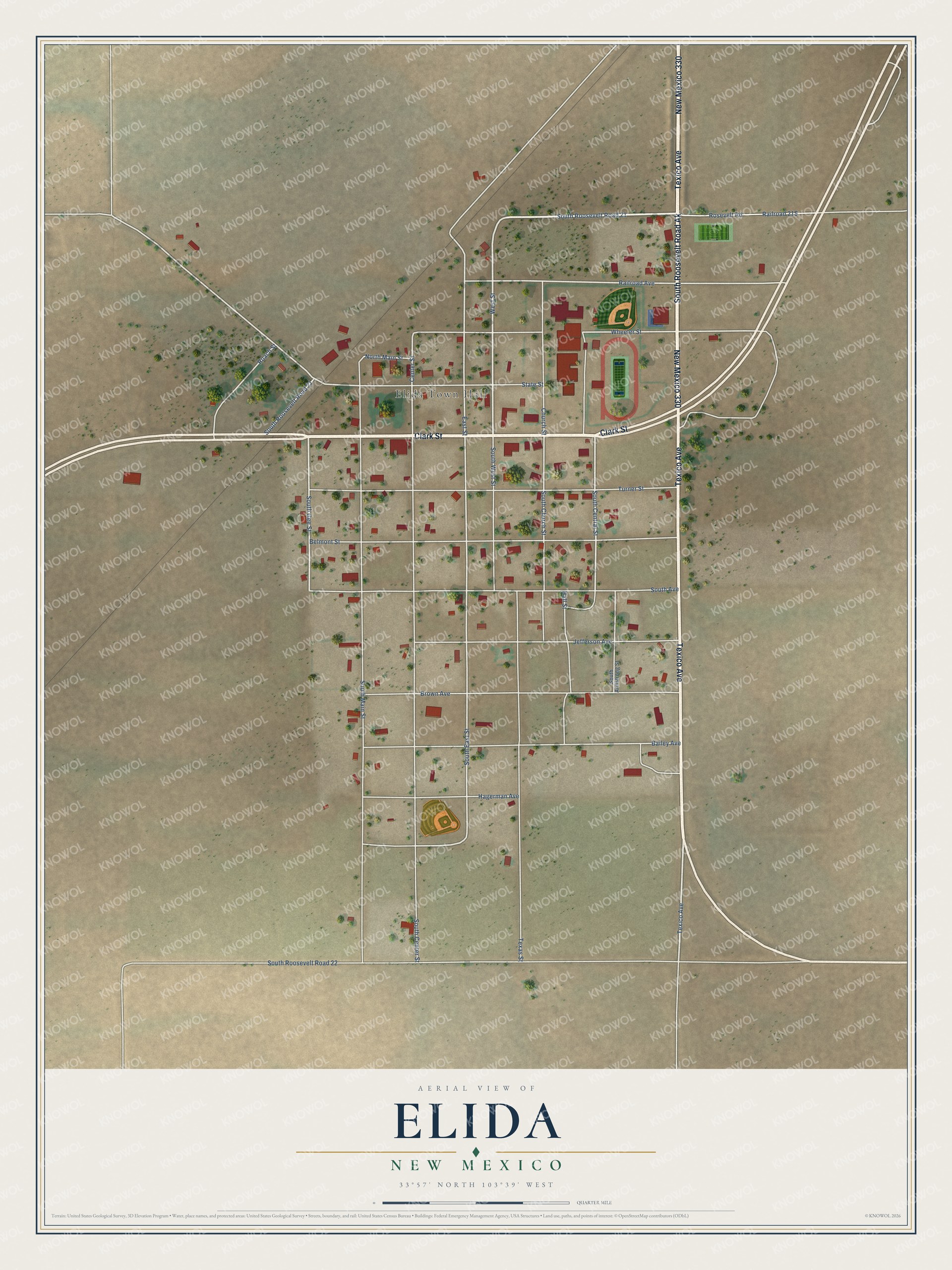 Full map of Elida, New Mexico, with red buildings, printed street names and the land around them